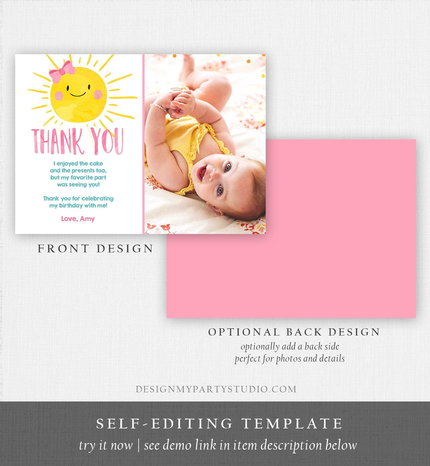 Editable Little Sunshine Thank You Card Birthday Party Pink Girl Bow Baby Shower First Birthday Digital Download Template Printable 0141