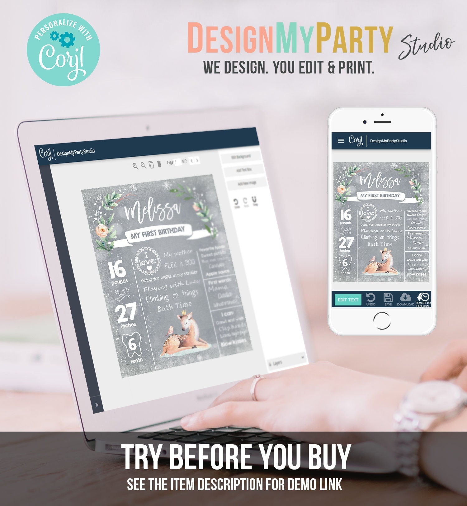 Editable Winter Onederland Birthday Milestones Sign First Birthday 1st Snowflakes Girl White Woodland Deer Digital Template Printable 0265