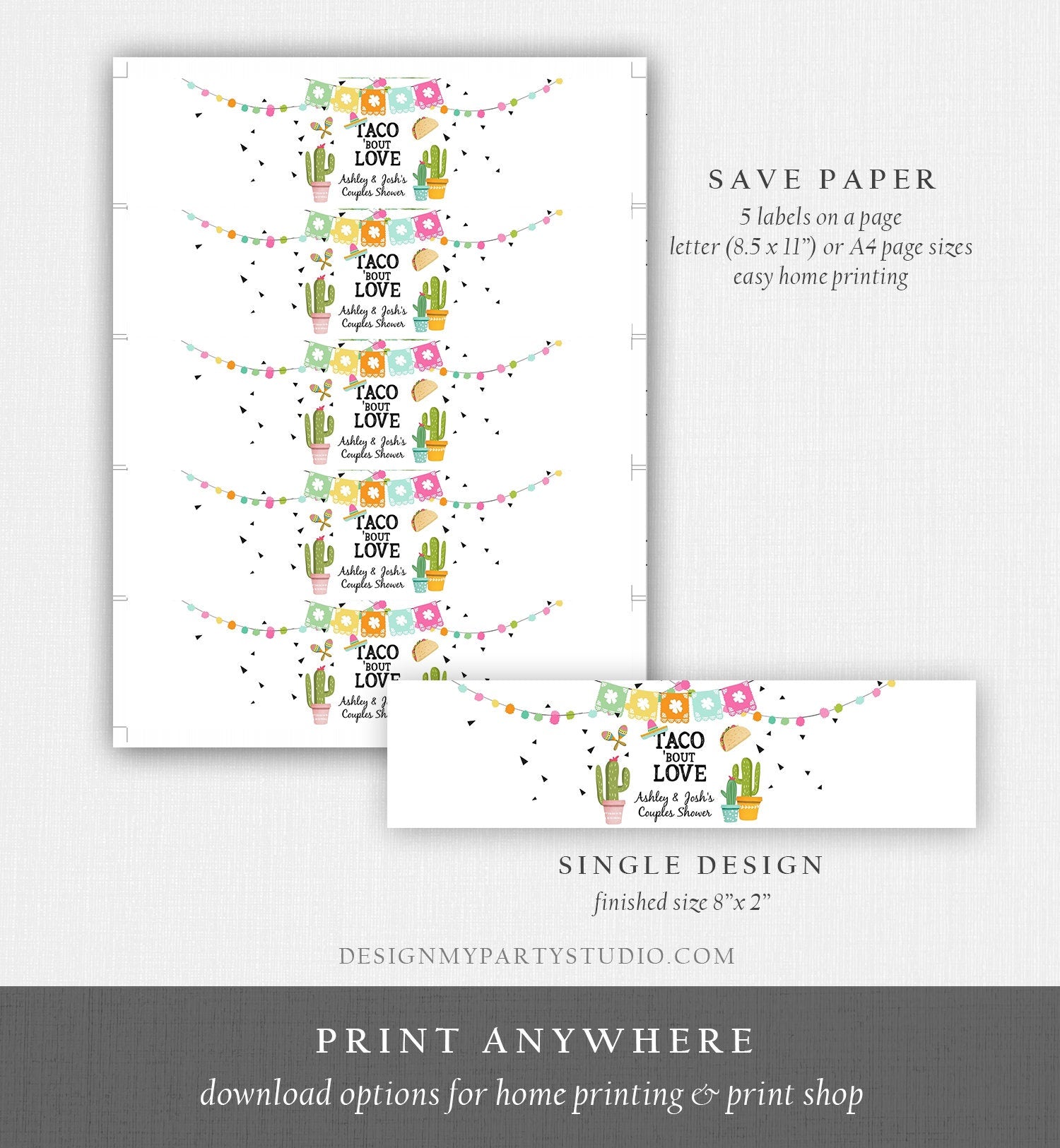 Editable Water Bottle Labels Fiesta Couples Shower Taco Bout Love Cactus Mexican Printable Bottle Labels Succulent Template Corjl 0161