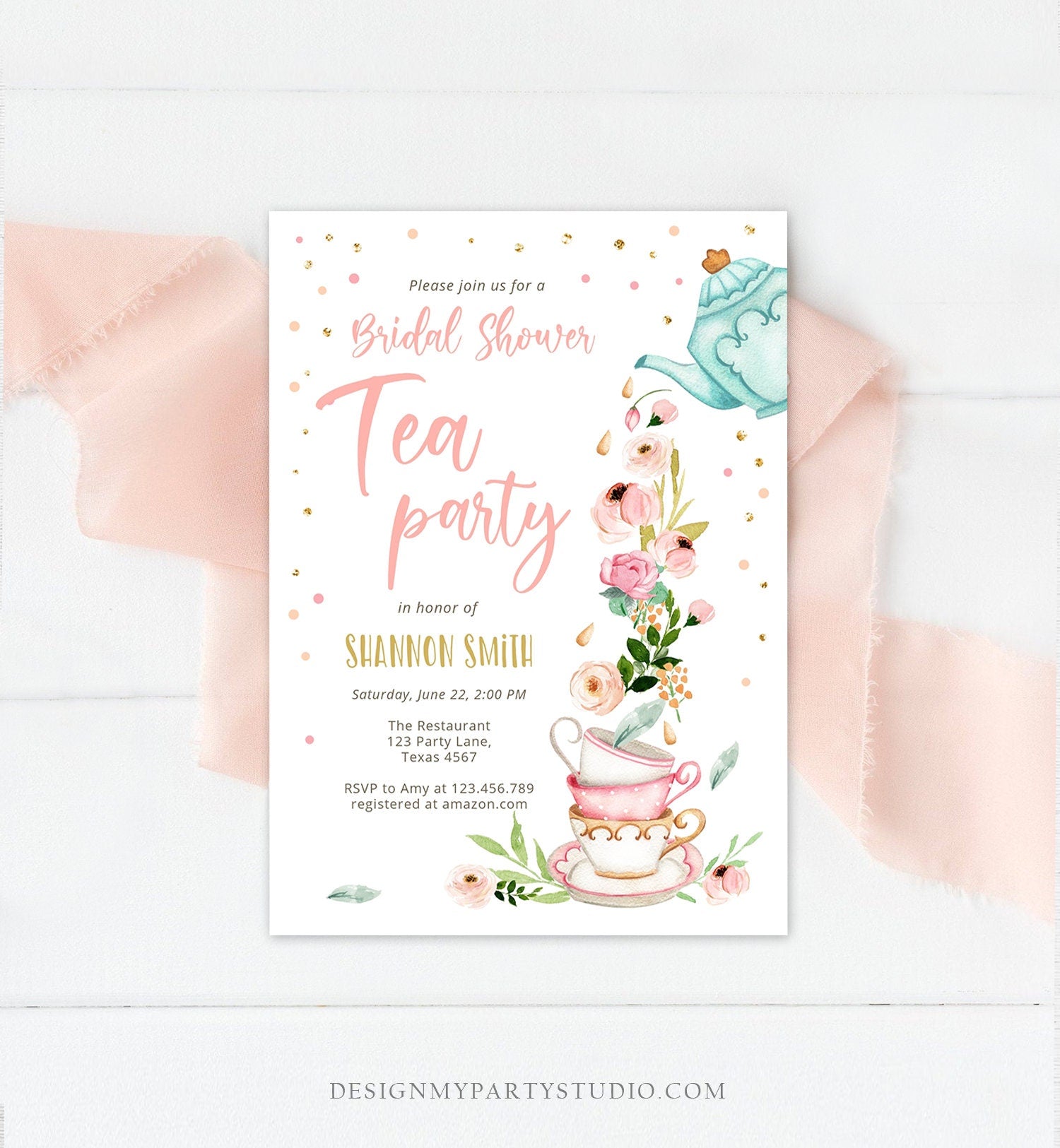 Editable Bridal Shower Tea Party Invitation Bridal Tea Shower Invite Pink Gold Floral Brunch Download Printable Template Corjl Digital 0349