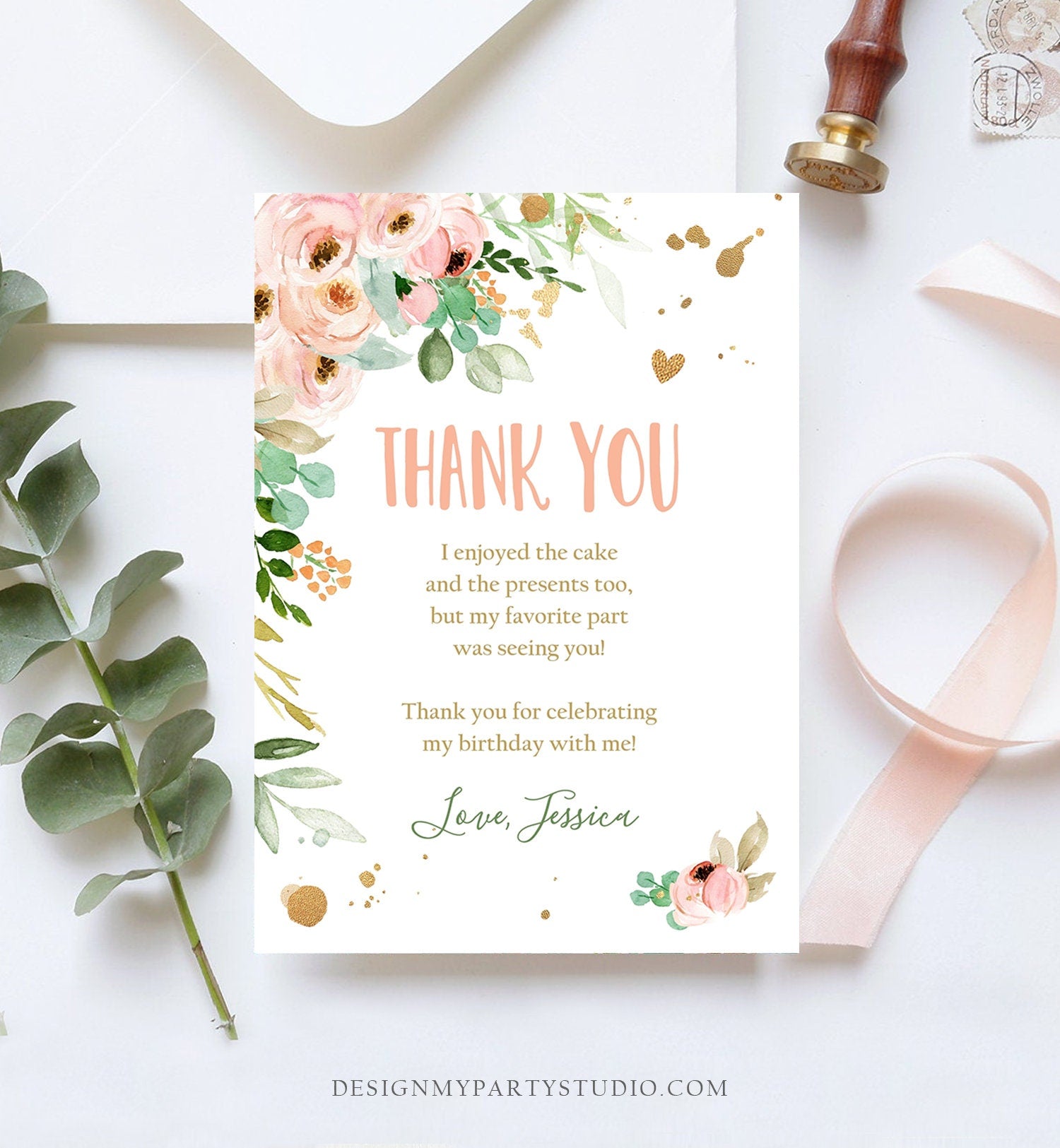 Editable Thank You Card Birthday Thank You Note Miss Onederful Pink Mint Gold Floral Boho Flowers Digital Download Template Printable 0147