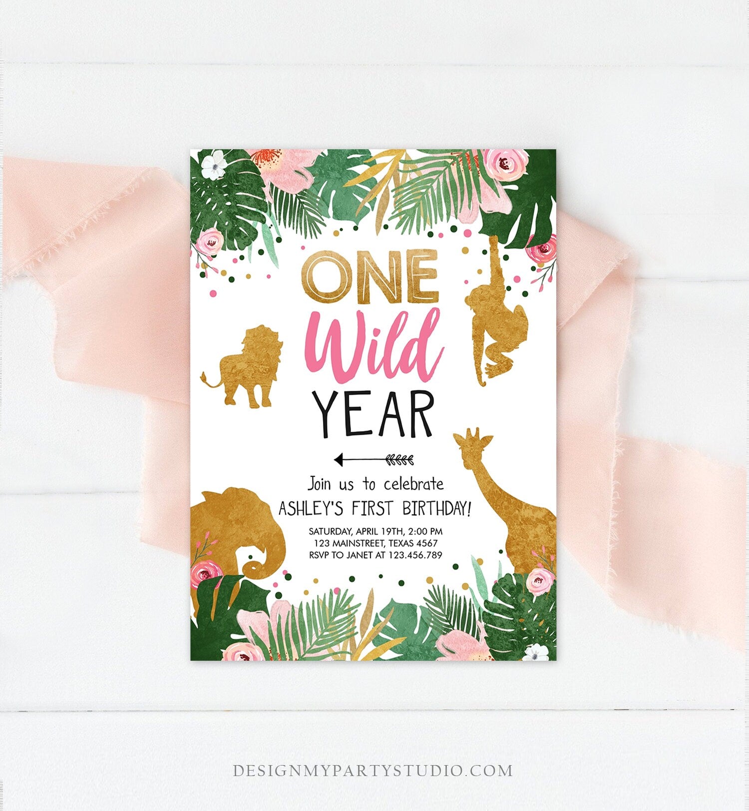 Editable One Wild Year Birthday Invitation Safari Animals Wild One Pink First Birthday Party Animals Digital Template Printable 0016