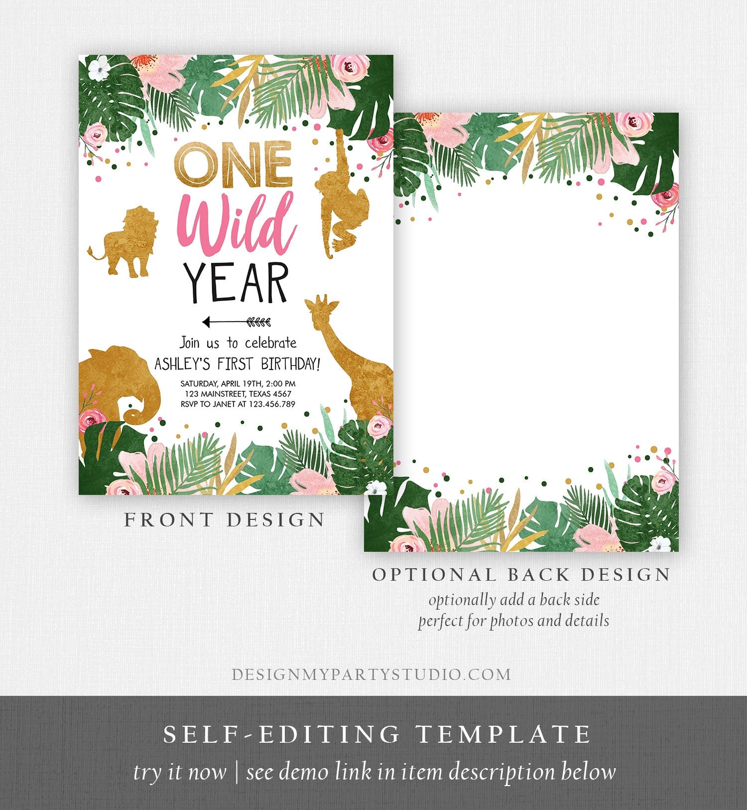 Editable One Wild Year Birthday Invitation Safari Animals Wild One Pink First Birthday Party Animals Digital Template Printable 0016