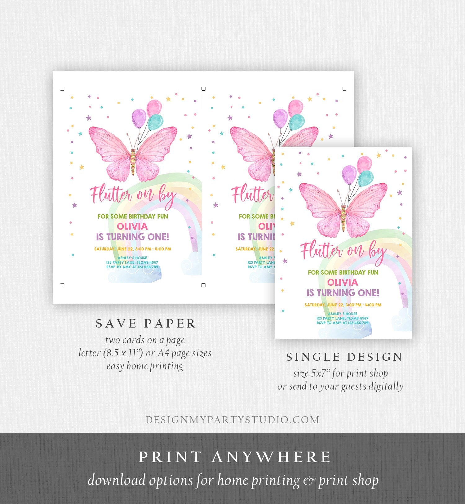 Editable Butterfly Birthday Invitation Butterfly Invitation Garden Floral Flowers Pink Gold Girl Download Printable Template Corjl 0162