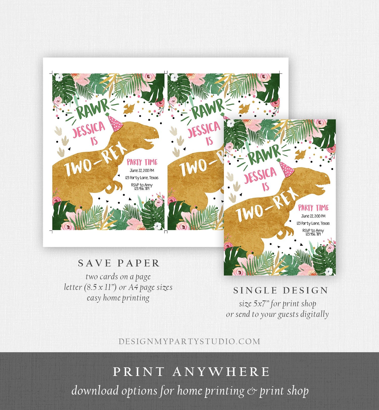 Editable Two-Rex Dinosaur Birthday Invitation Dino TRex Girl Second Birthday 2nd Two Pink Gold Prehistoric Evite Template Printable 0146