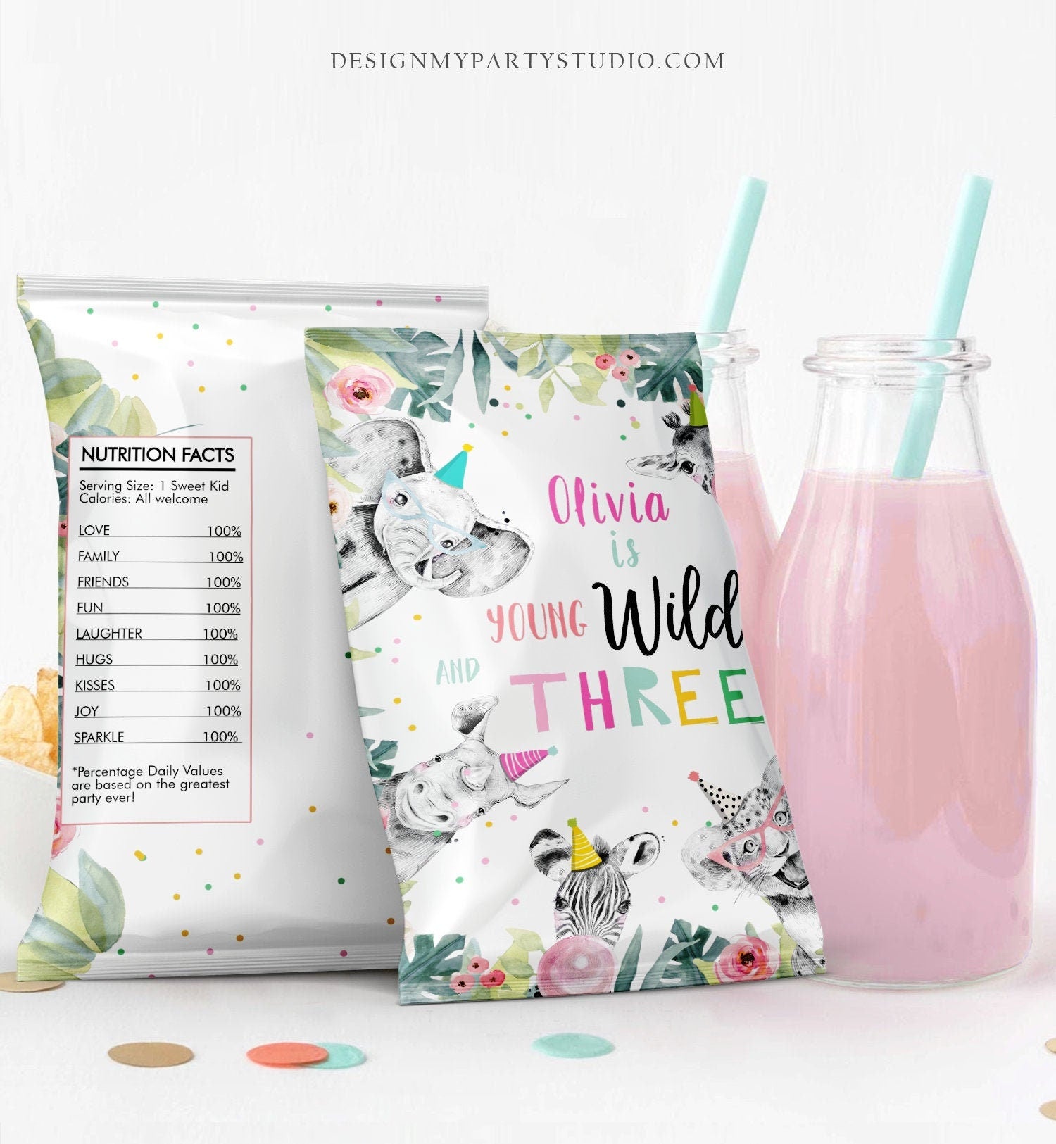 Editable Young Wild and Three Chip Bag Party Animals Birthday Decor Girl Zoo Safari Animals Pink Snack Favors Digital Corjl Template 0322