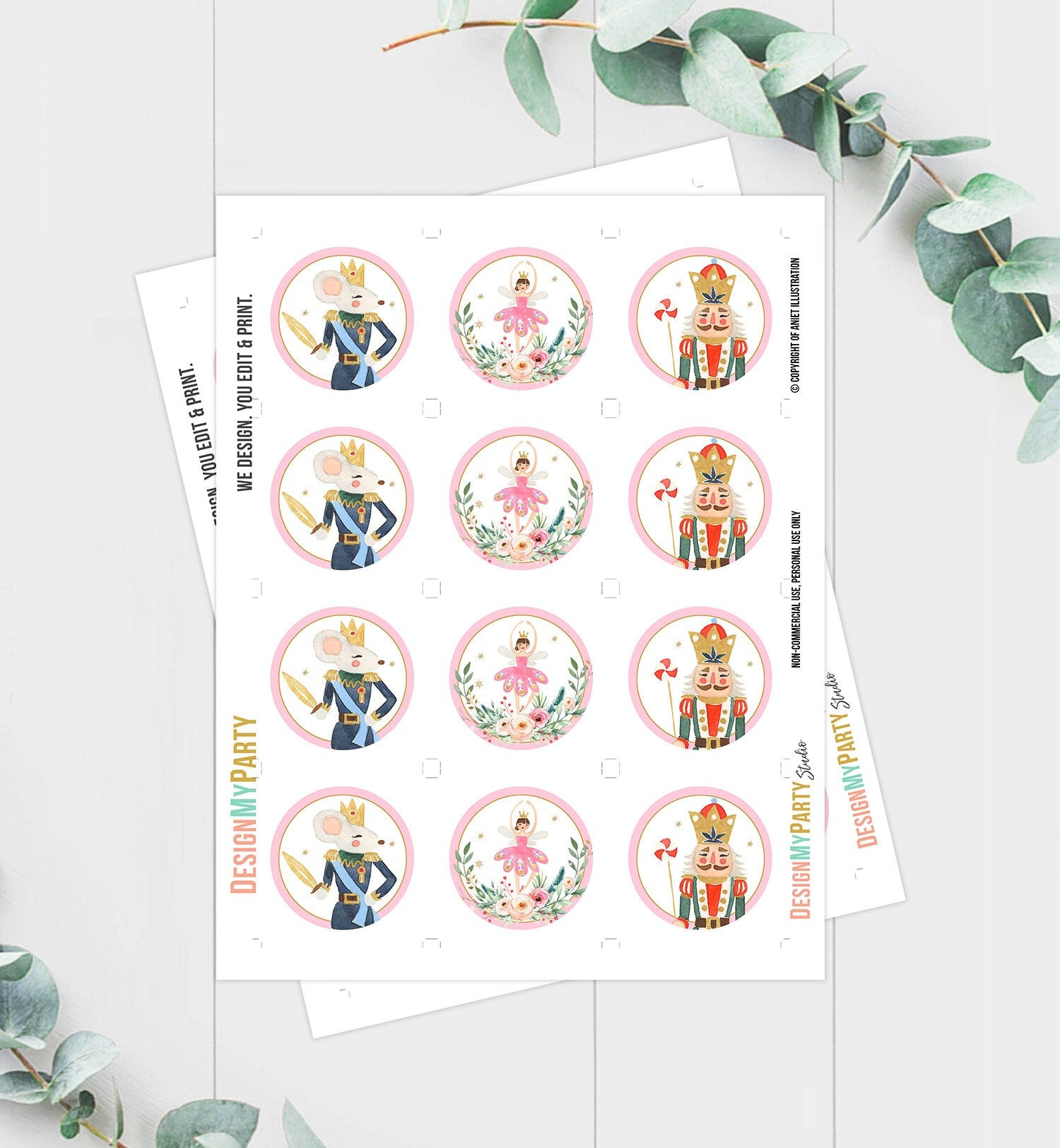 Nutcracker Cupcake Toppers Nutcracker Birthday Party Decorations Sugar Plum Fairy Girl Pink Stickers Tags Digital Download Printable 0352