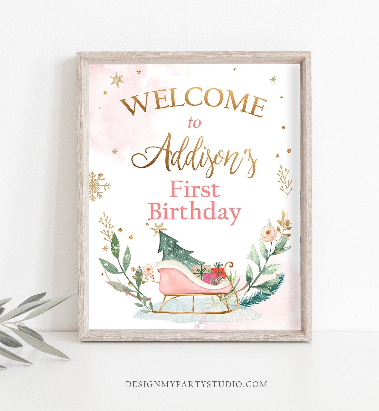 Editable Winter Birthday Welcome Sign Sleigh Oh What Fun Welcome Girl Pink Gold Christmas Party Holiday Digital Template Printable 0353