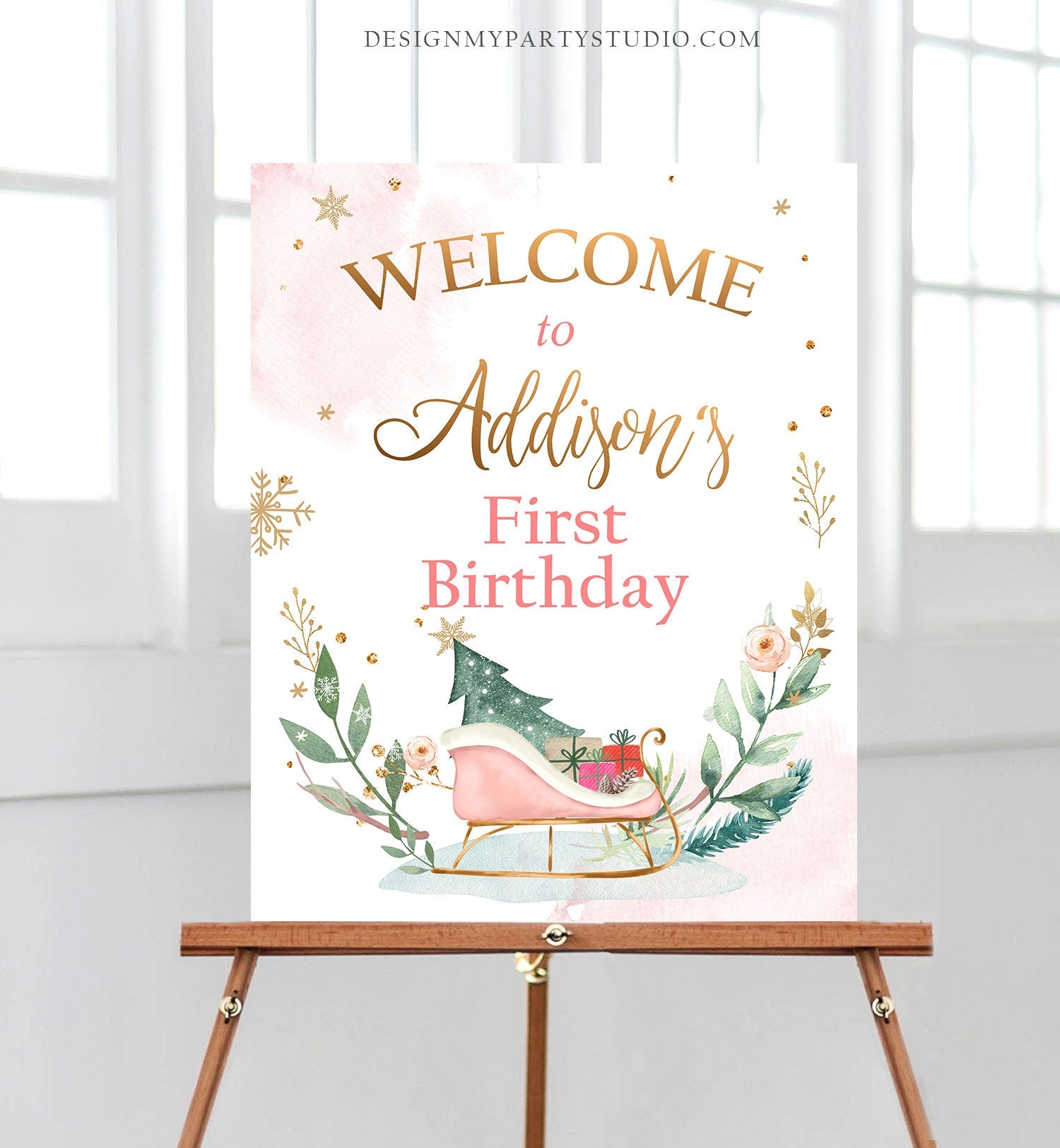 Editable Winter Birthday Welcome Sign Sleigh Oh What Fun Welcome Girl Pink Gold Christmas Party Holiday Digital Template Printable 0353
