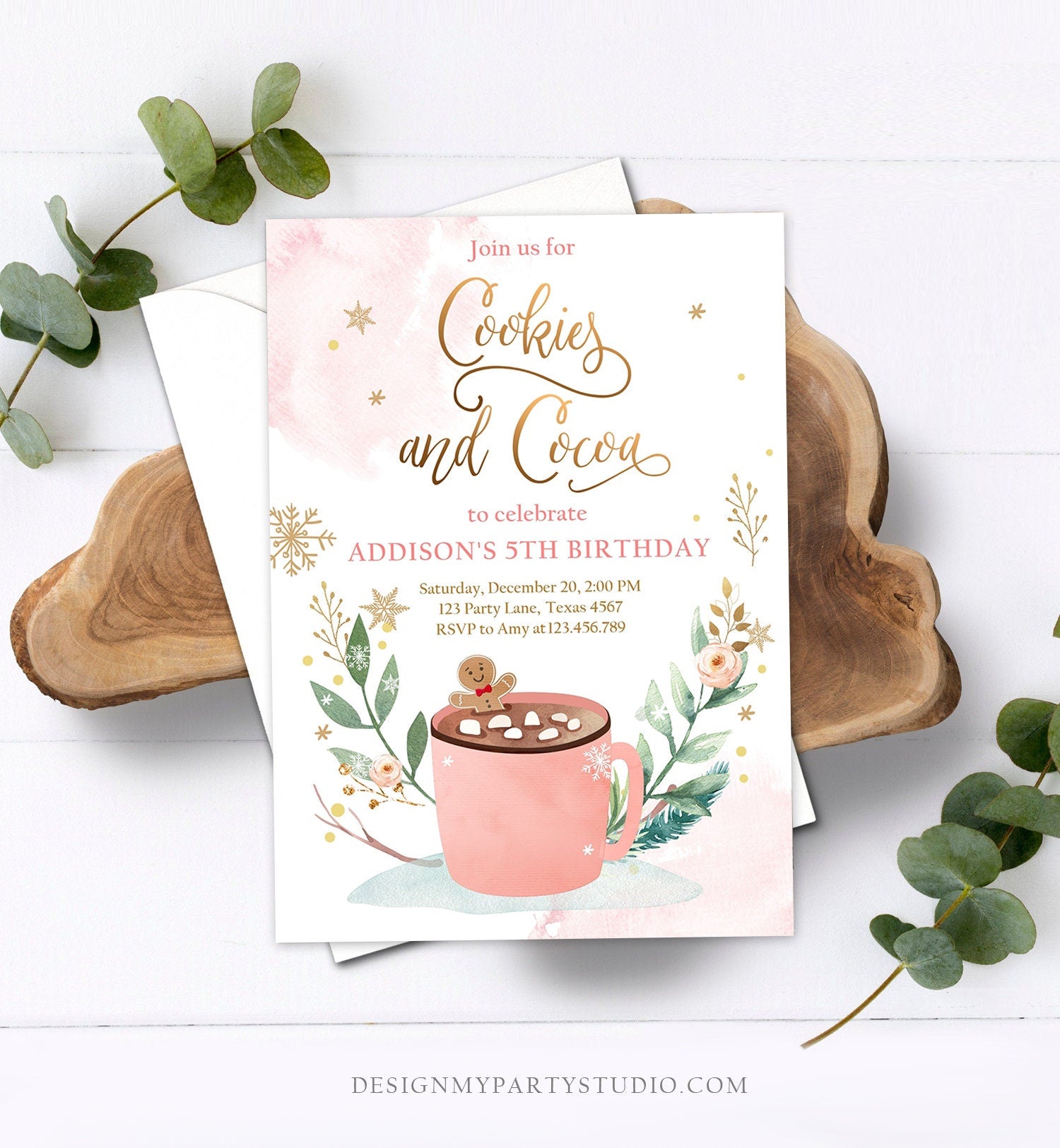 Editable Cookies and Cocoa Invitation Hot Cocoa Party Hot Chocolate Christmas Birthday Girl Pink Gold Digital Evite Template Printable 0353