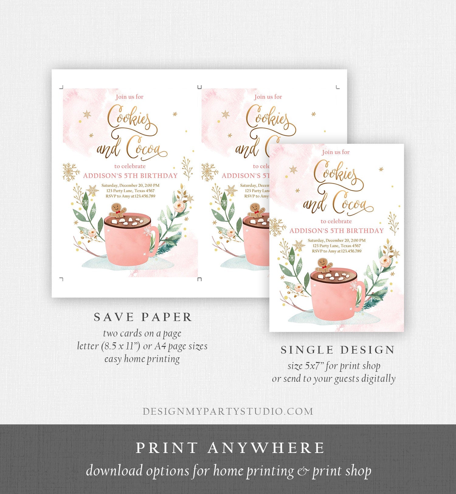 Editable Cookies and Cocoa Invitation Hot Cocoa Party Hot Chocolate Christmas Birthday Girl Pink Gold Digital Evite Template Printable 0353