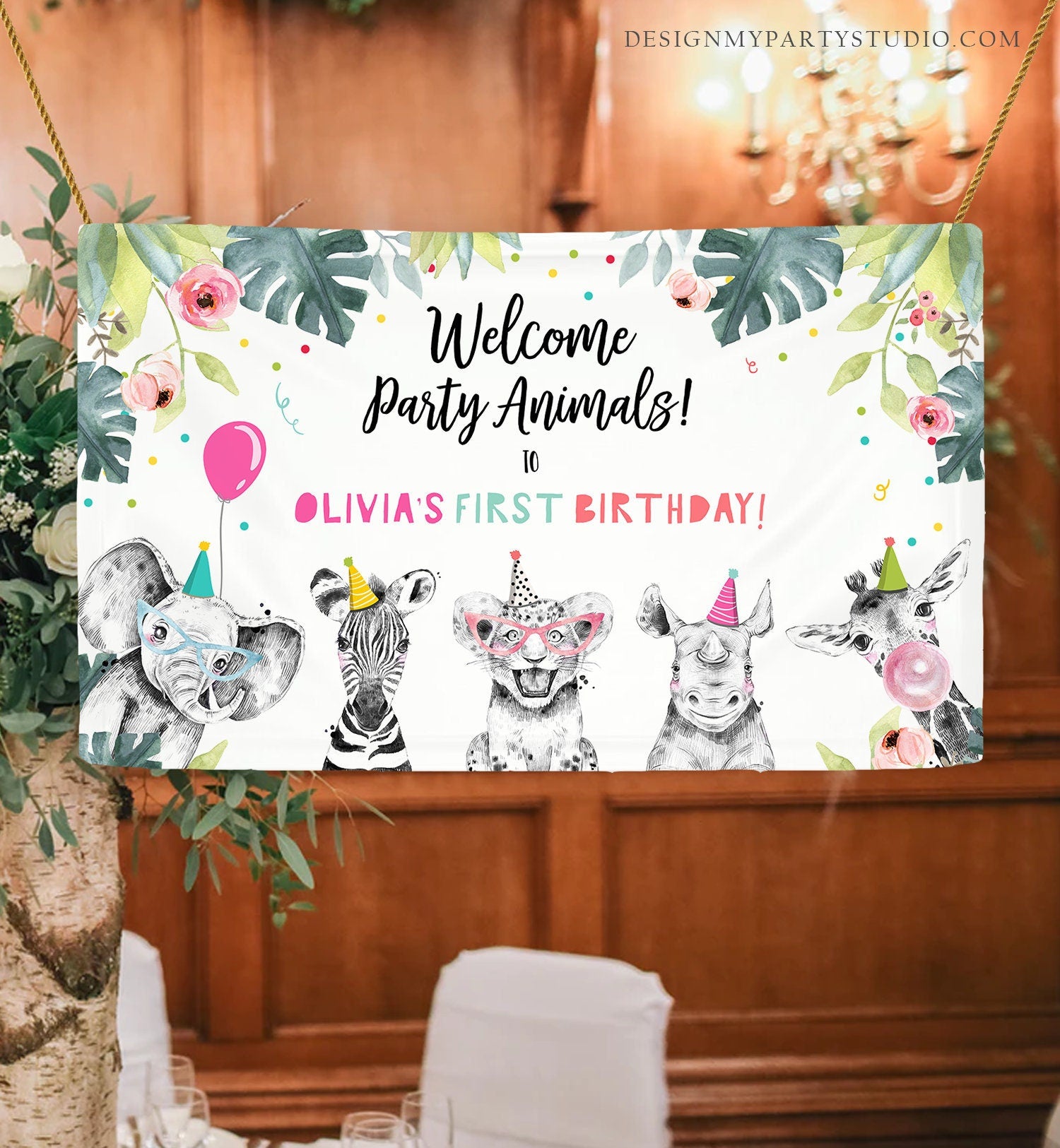 Editable Party Animals Birthday Backdrop Banner Welcome Safari Animals Girl Pink First Birthday Sign Download Corjl Template Printable 0322