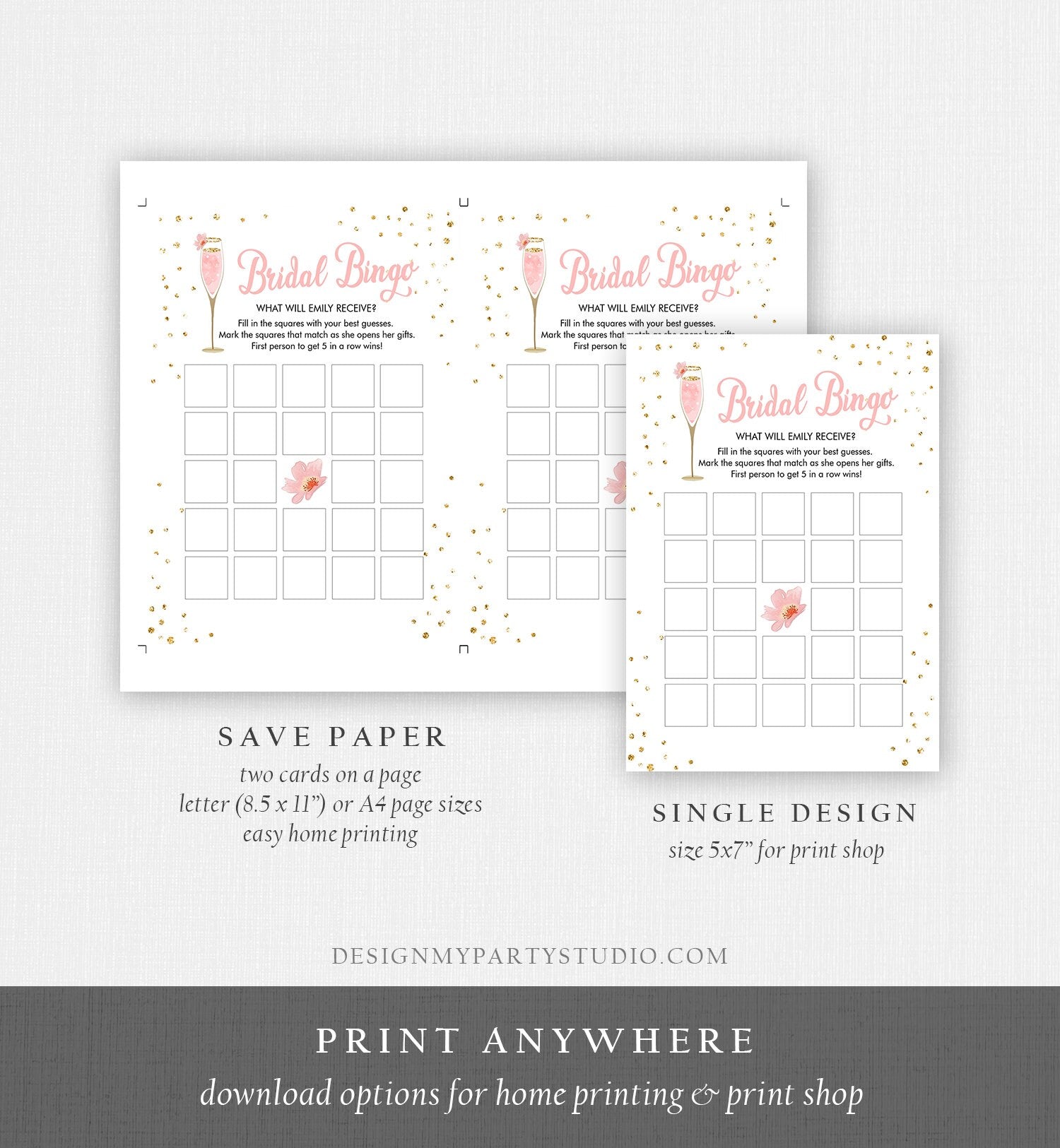 Editable Bridal Bingo Bridal Shower Game Brunch and Bubbly Coed Shower Games Pink Gold Wedding Activity Corjl Template Printable 0150