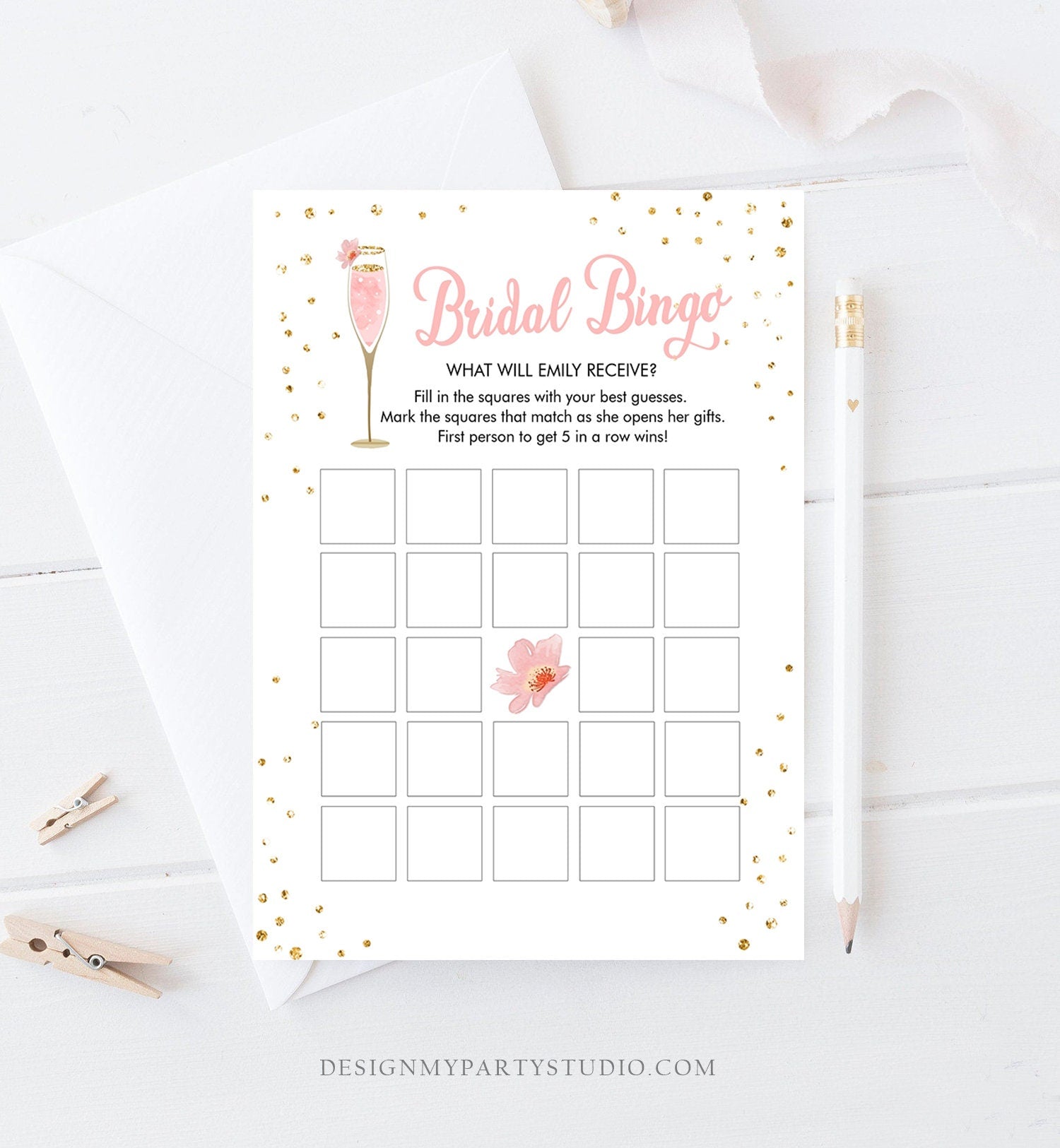 Editable Bridal Bingo Bridal Shower Game Brunch and Bubbly Coed Shower Games Pink Gold Wedding Activity Corjl Template Printable 0150