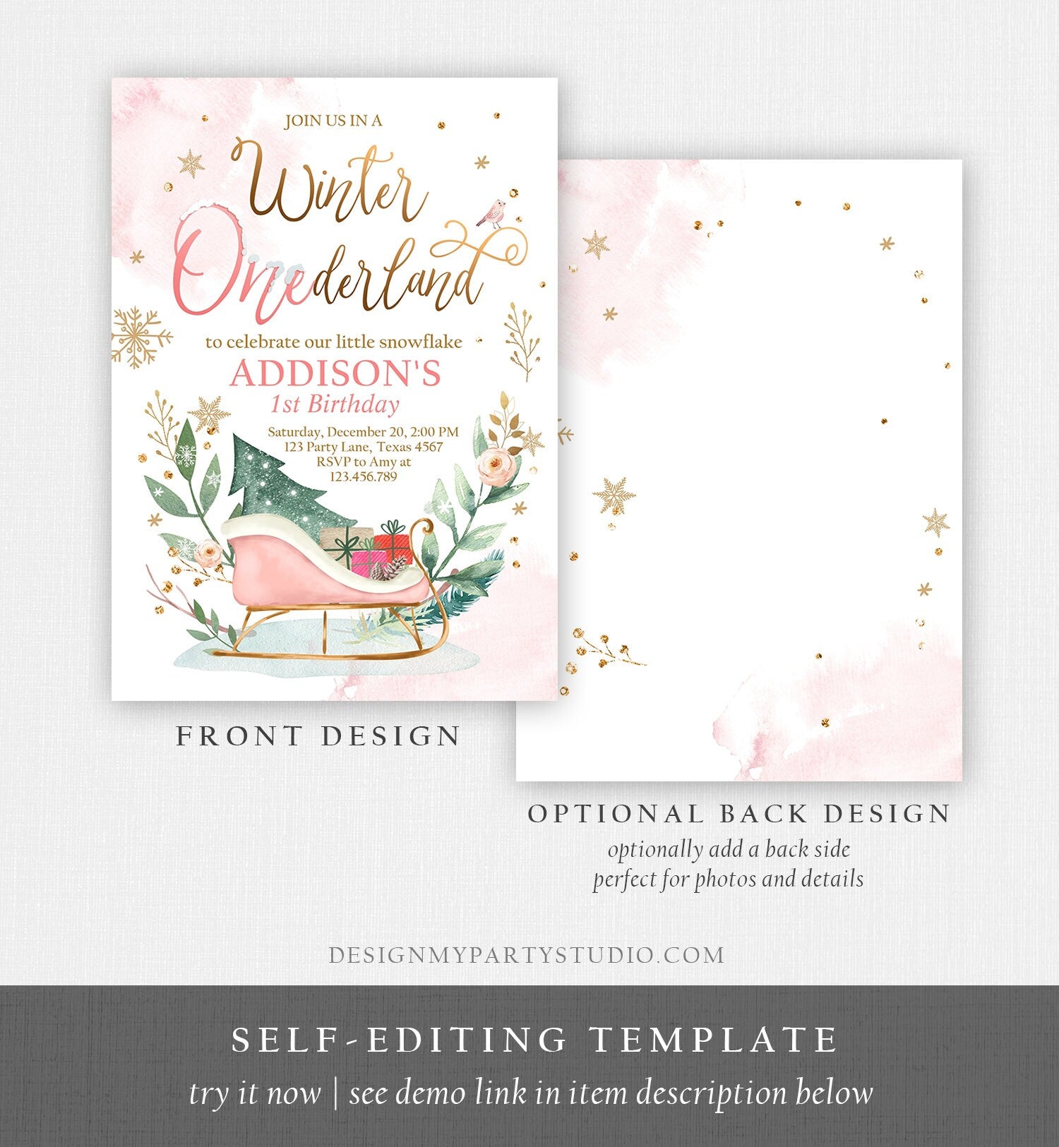 Editable Winter Onederland Invitation First Birthday Girl Pink Gold Christmas Sleigh Little Snowflake Digital Evite Template Printable 0353
