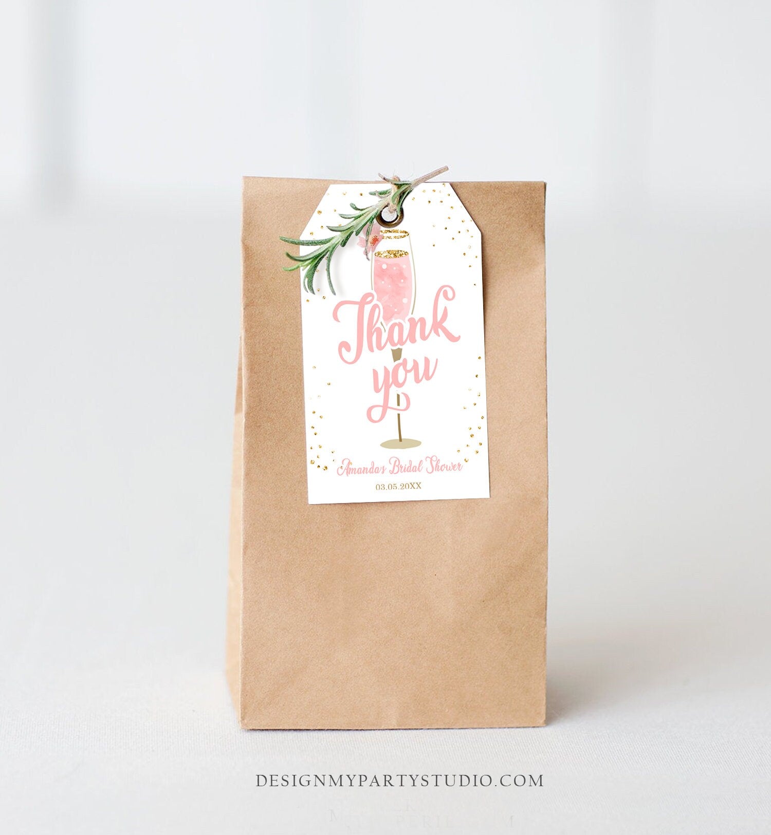 Editable Brunch and Bubbly Thank You Tags Bubbly Bridal Shower Favor Tags Blush Pink Gold Confetti Floral Corjl Template Printable 0150