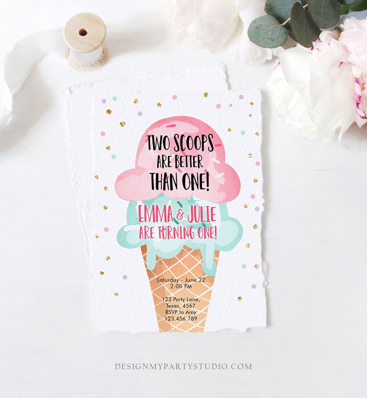 Editable Twin Ice Cream Birthday Invitation First Birthday Two is Better Than One Pink Mint Gold Download Printable Template Corjl 0243