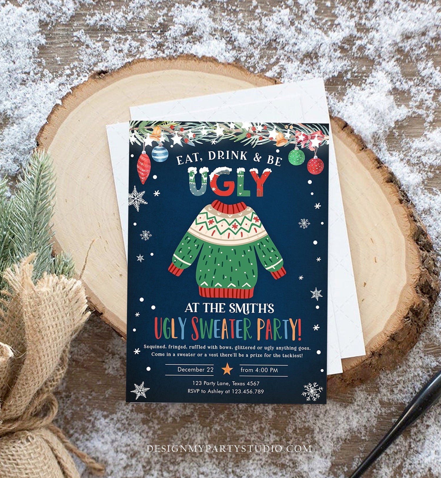 Editable Ugly Sweater Christmas Party Invitation Eat Drink And Be Ugly Rustic Family Birthday Tacky Party Printable Corjl Template 0354