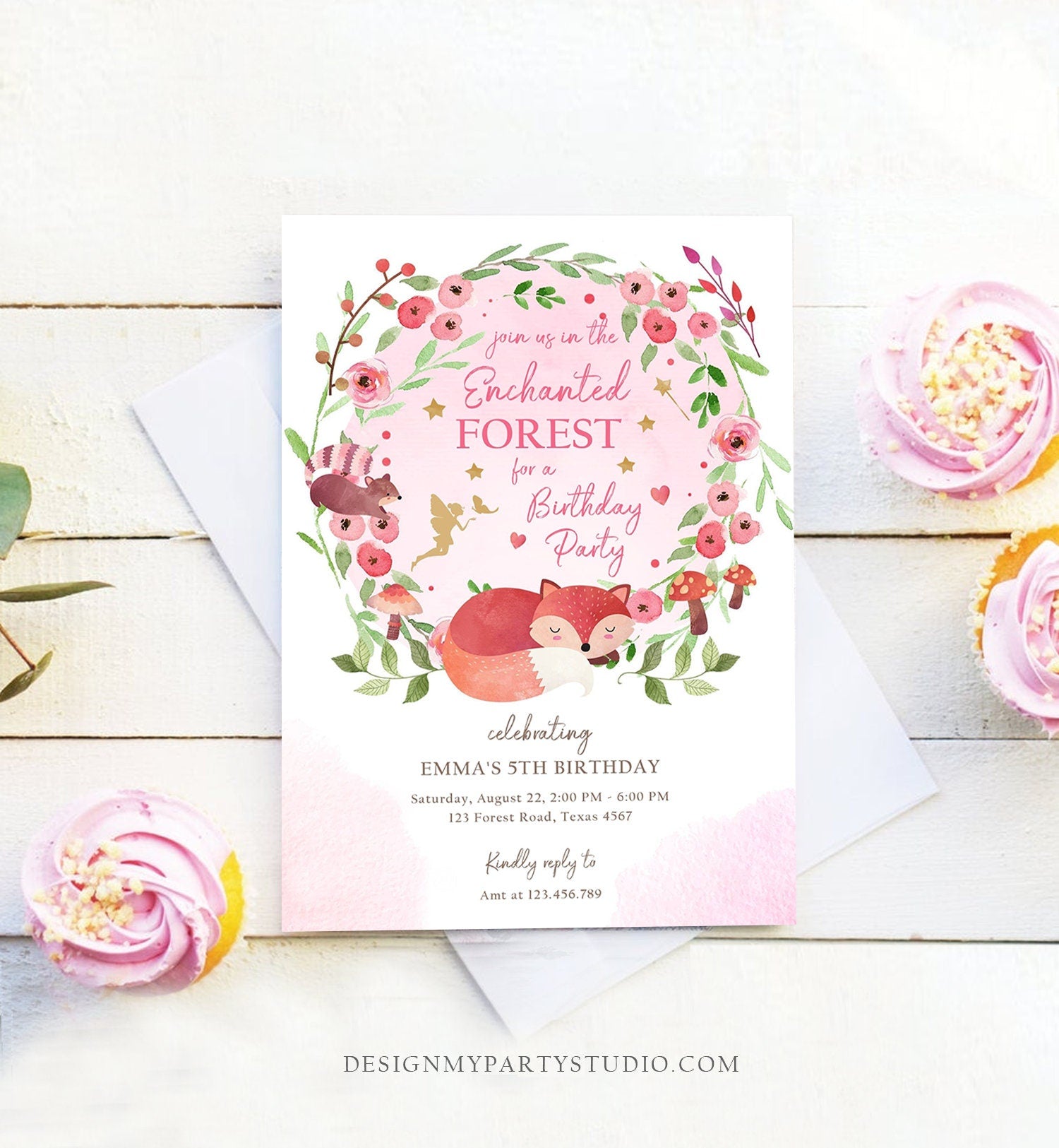 Editable Enchanted Forest Birthday Invitations Woodland Fairy Party Invite Girl Pink Fairies Toadstool Printable Template Digital Corjl 0173