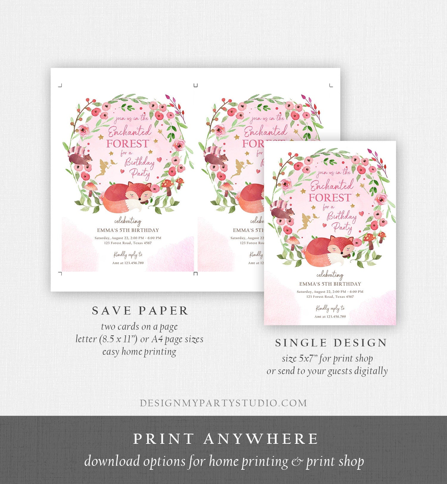 Editable Enchanted Forest Birthday Invitations Woodland Fairy Party Invite Girl Pink Fairies Toadstool Printable Template Digital Corjl 0173