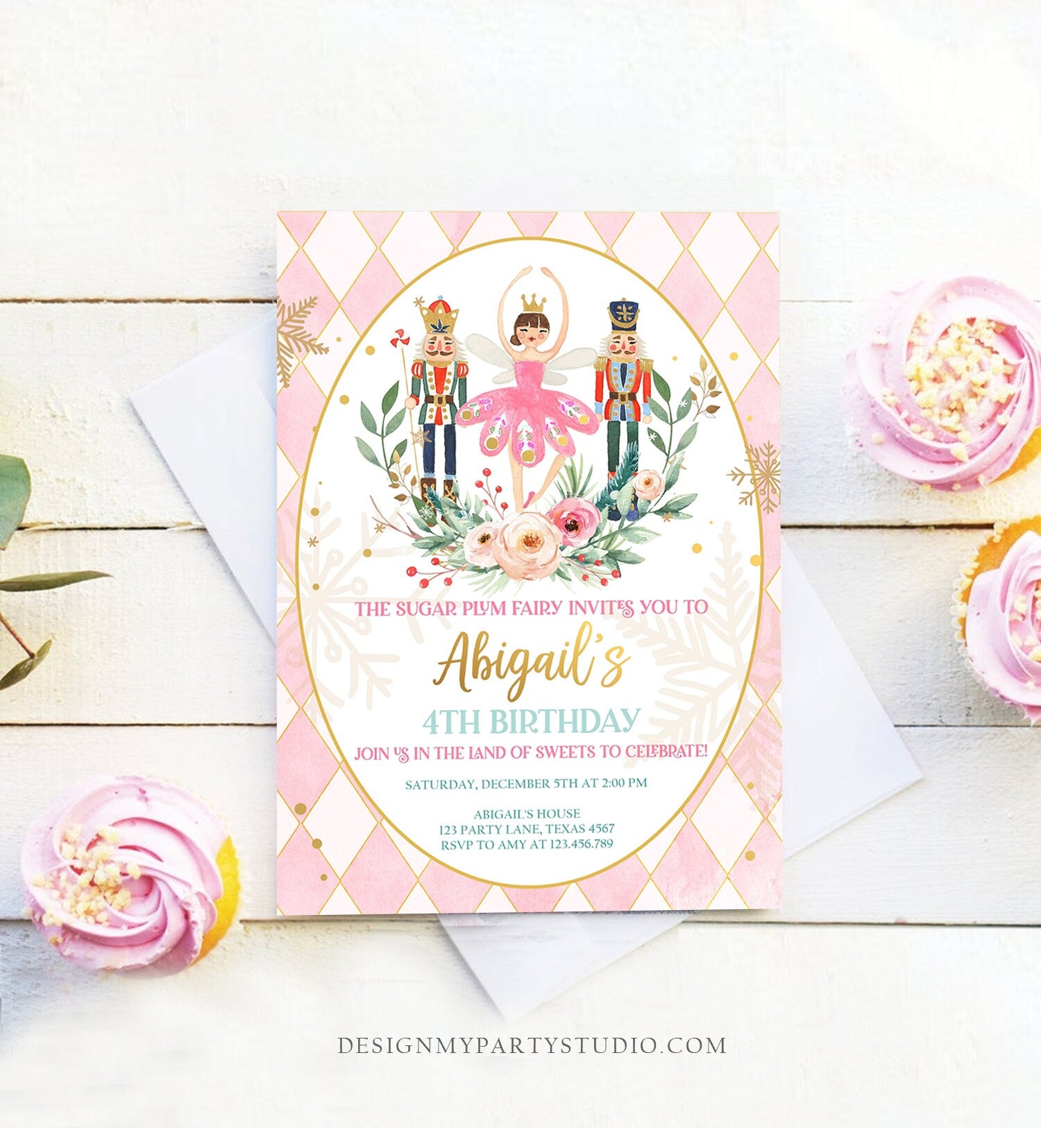 Editable Nutcracker Birthday Invitation Ballet Christmas Birthday Invite Pink Girl Sugar Plum Fairy Download Printable Template Corjl 0352