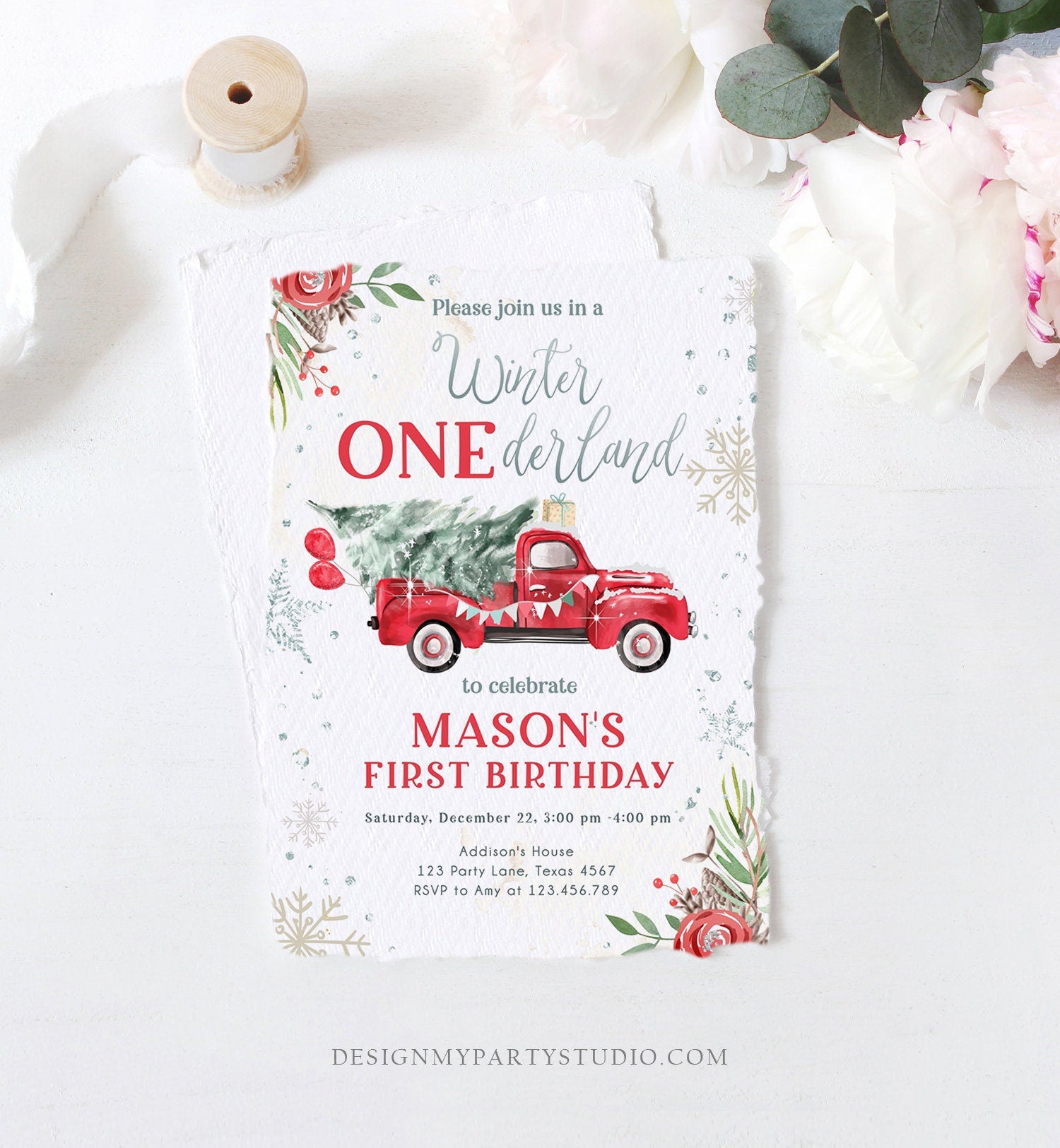 Editable Winter Onederland Winter First Birthday Invitation 1st Winter Red Boy Silver Floral Truck Christmas Digital Template Printable 0356