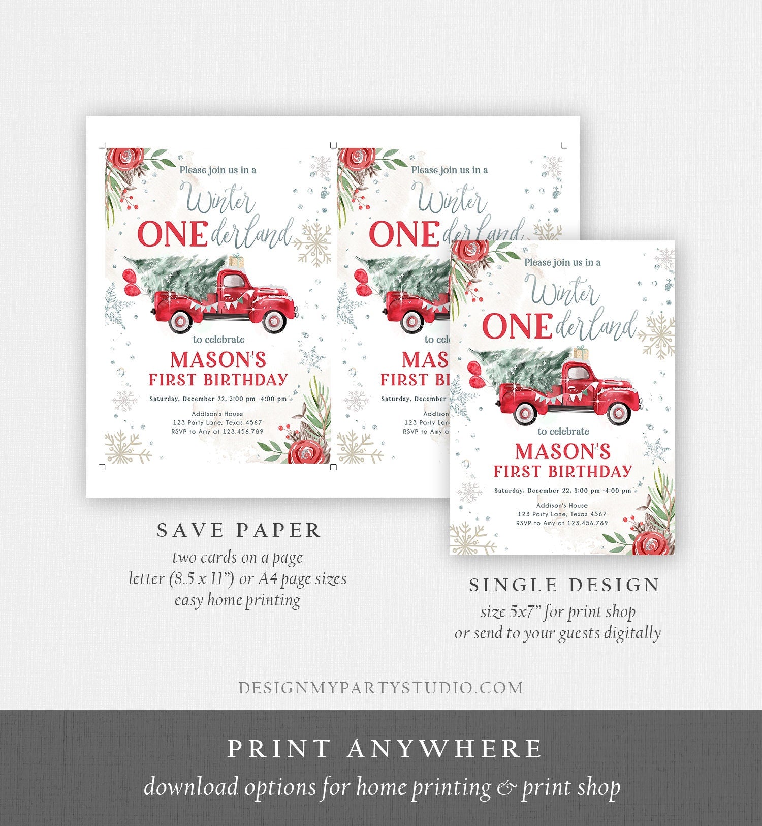 Editable Winter Onederland Winter First Birthday Invitation 1st Winter Red Boy Silver Floral Truck Christmas Digital Template Printable 0356
