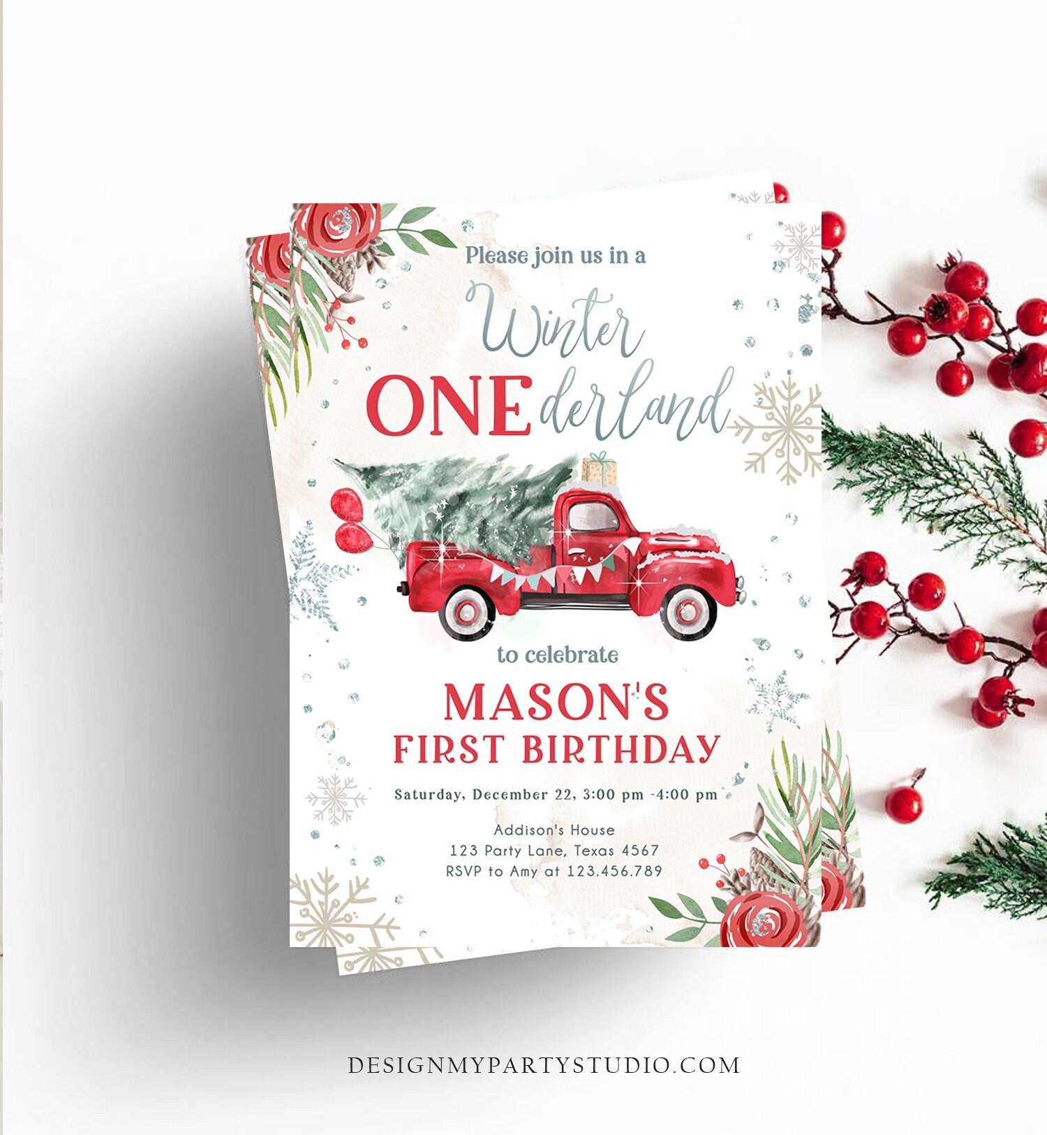 Editable Winter Onederland Winter First Birthday Invitation 1st Winter Red Boy Silver Floral Truck Christmas Digital Template Printable 0356