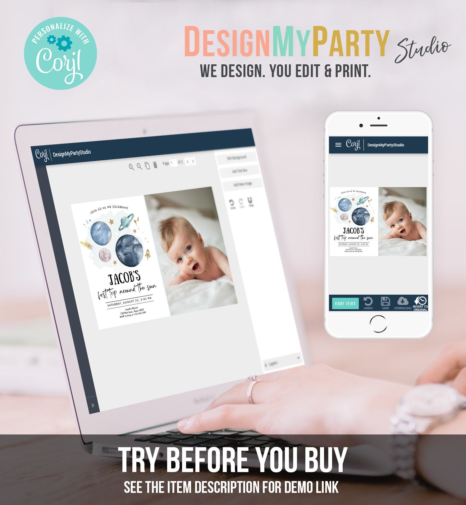 Editable Outer Space First Birthday Invitation Galaxy Blast Off First Trip Around the Sun Digital Download Evite Template Printable 0357