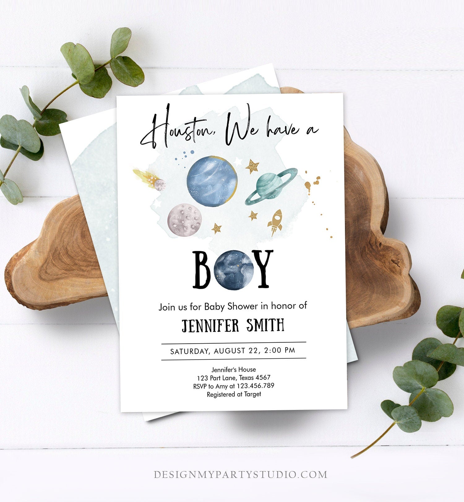 Editable Space Baby Shower Invitation Galaxy Outer Space It's a Boy Blue Planets Moon Houston Digital Download Evite Template Printable 0357