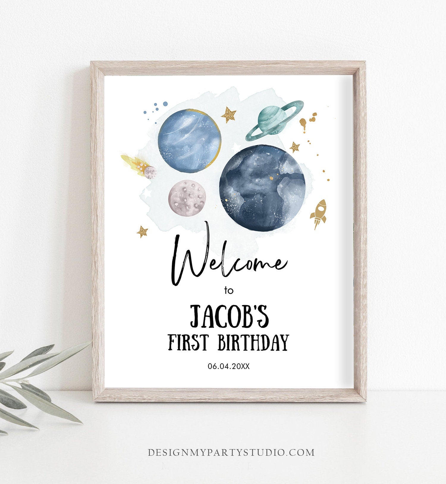 Editable Outer Space Birthday Welcome Sign 1st Birthday Boy Galaxy Planets Trip Around the Sun Astronaut Template PRINTABLE Corjl 0357