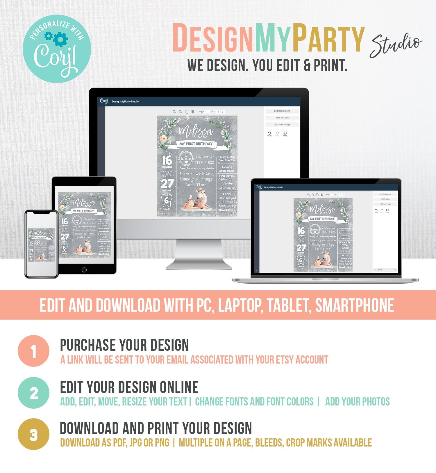 Editable Winter Onederland Birthday Milestones Sign First Birthday 1st Snowflakes Girl White Woodland Deer Digital Template Printable 0265