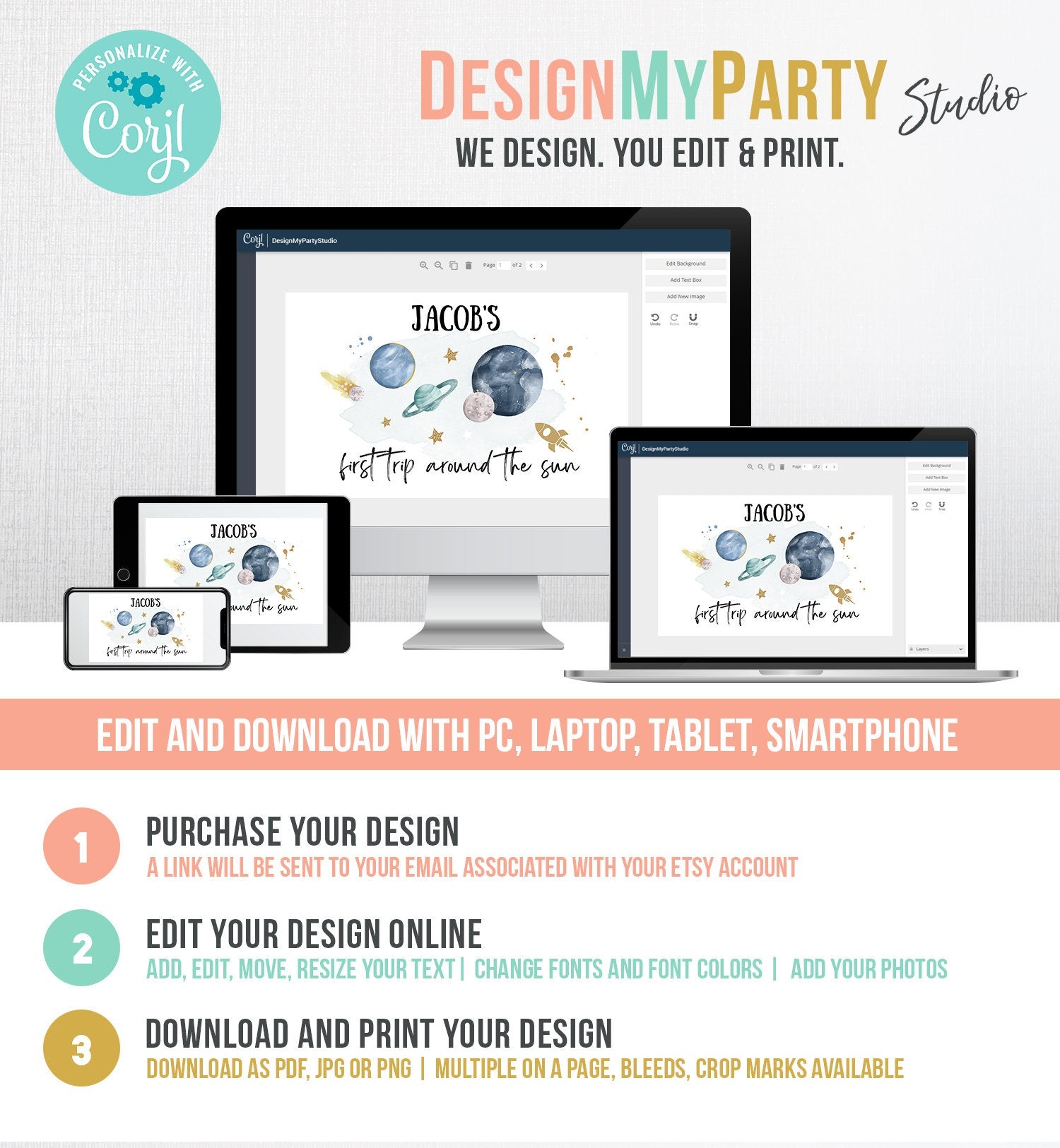 Editable Outer Space Backdrop Banner Space Birthday Boy First Trip Around the Sun Galaxy Planets Download Corjl Template Printable 0357