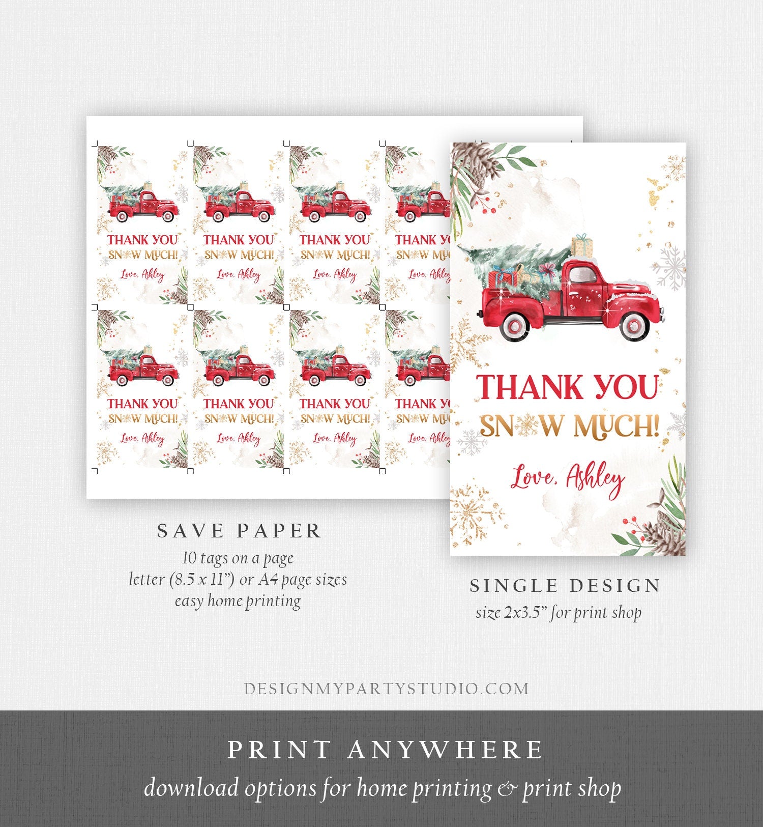 Editable Red Truck Winter Favor Tag Holiday Christmas Thank You Snow Much Baby Shower Bridal Shower Birthday Digital Template Printable 0356