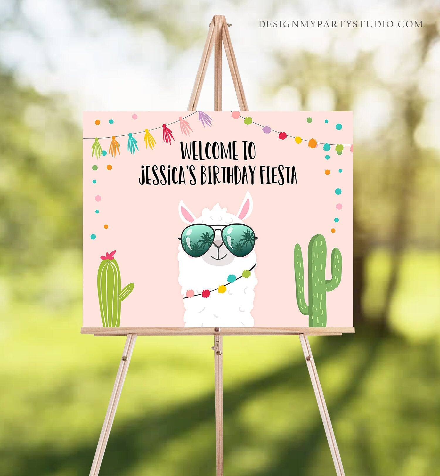 Editable Llama Welcome Sign Sunglasses Birthday Party Whole Llama Alpaca Poster Girl Pink Mexican Fiesta Baby Shower Corjl Template 0079