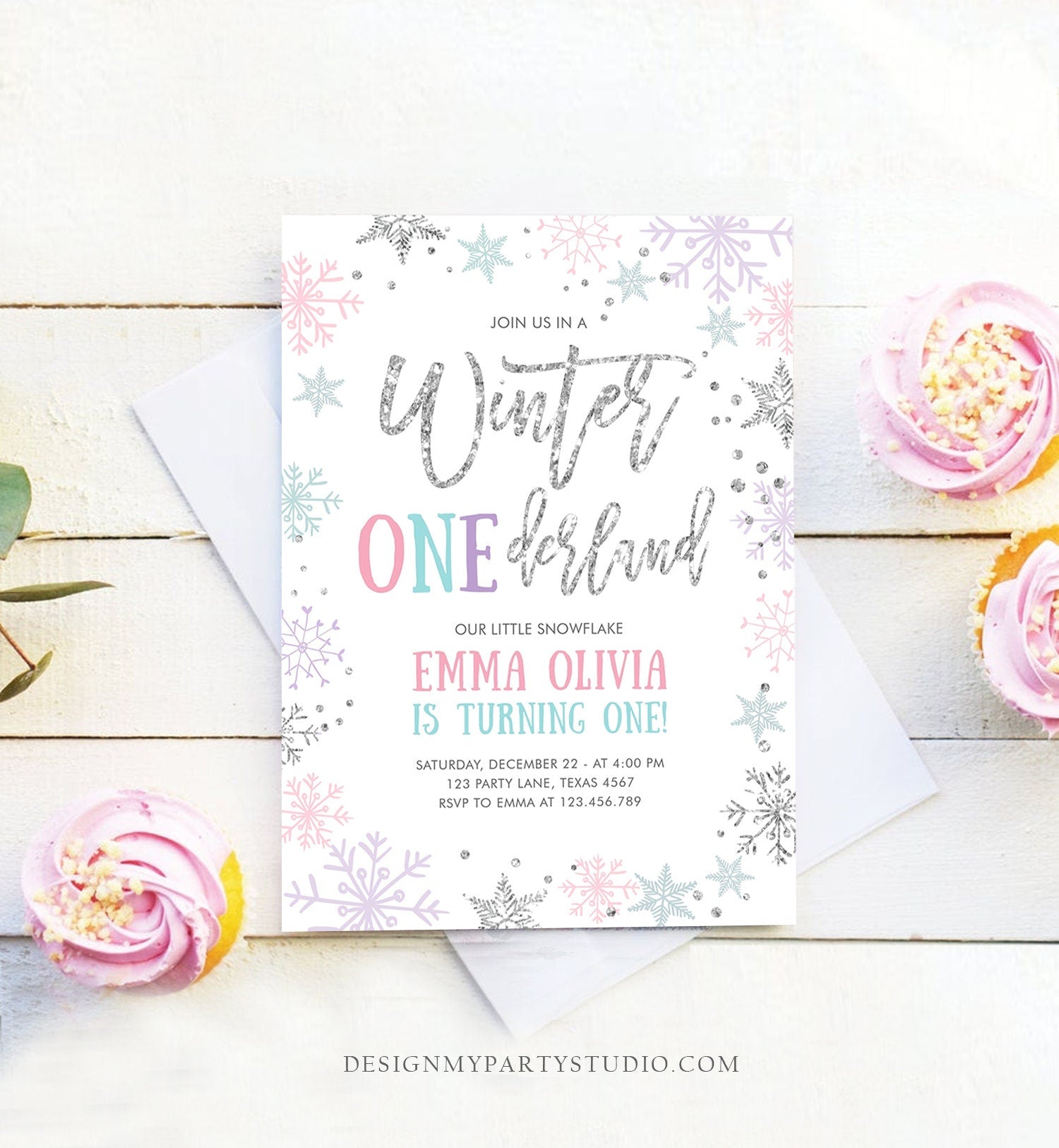Editable Winter ONEderland Birthday Invitation First Birthday Snowflakes Pink Silver Purple Teal Ice Digital Evite Template Printable 0256