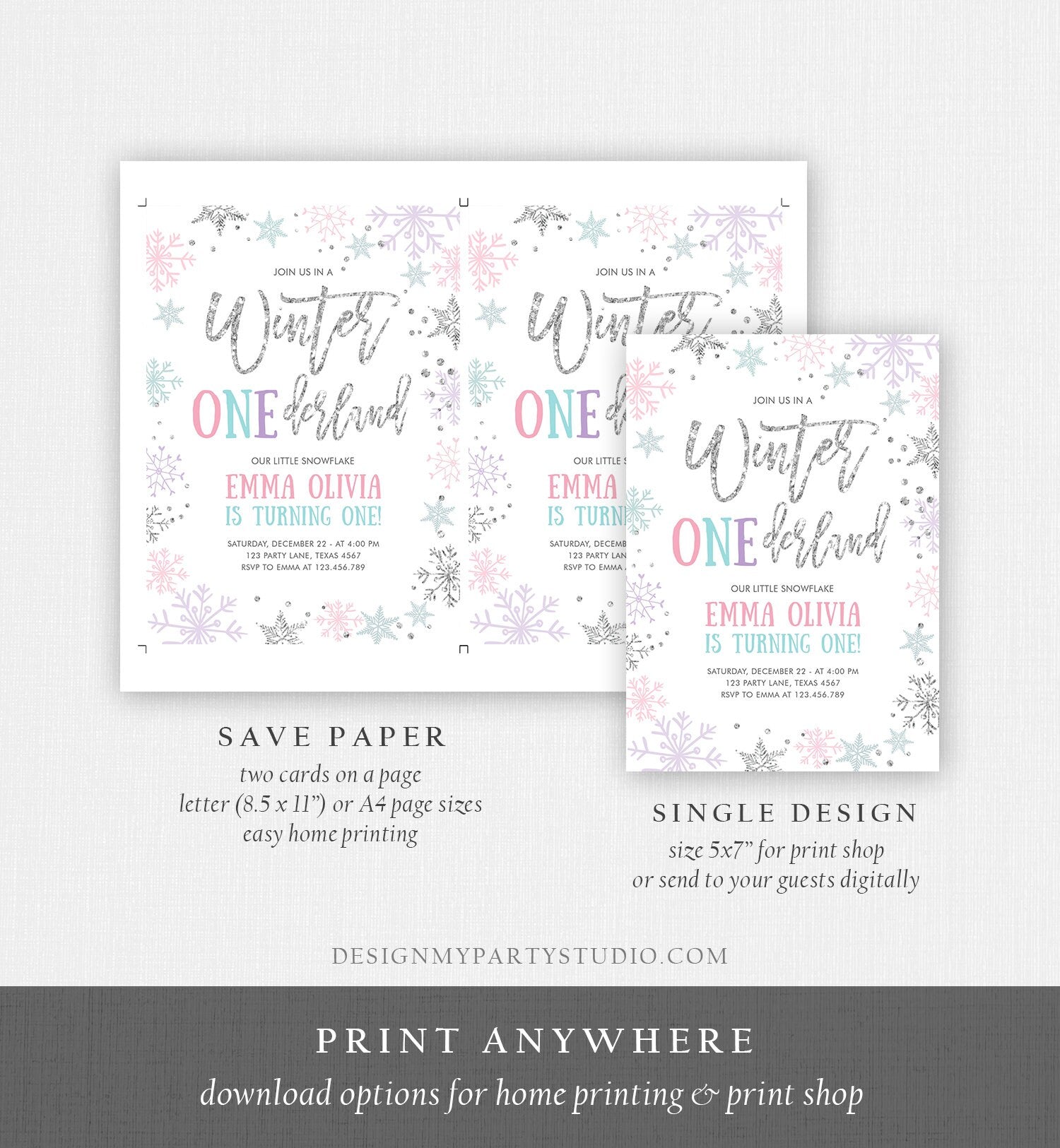 Editable Winter ONEderland Birthday Invitation First Birthday Snowflakes Pink Silver Purple Teal Ice Digital Evite Template Printable 0256