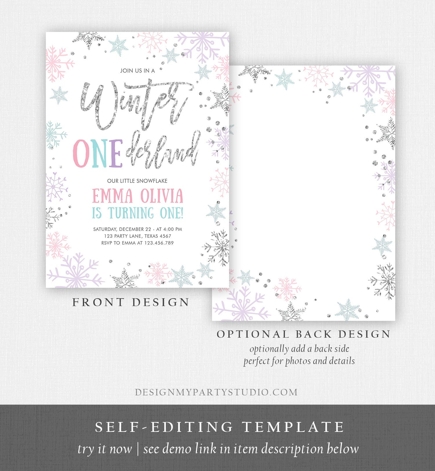Editable Winter ONEderland Birthday Invitation First Birthday Snowflakes Pink Silver Purple Teal Ice Digital Evite Template Printable 0256