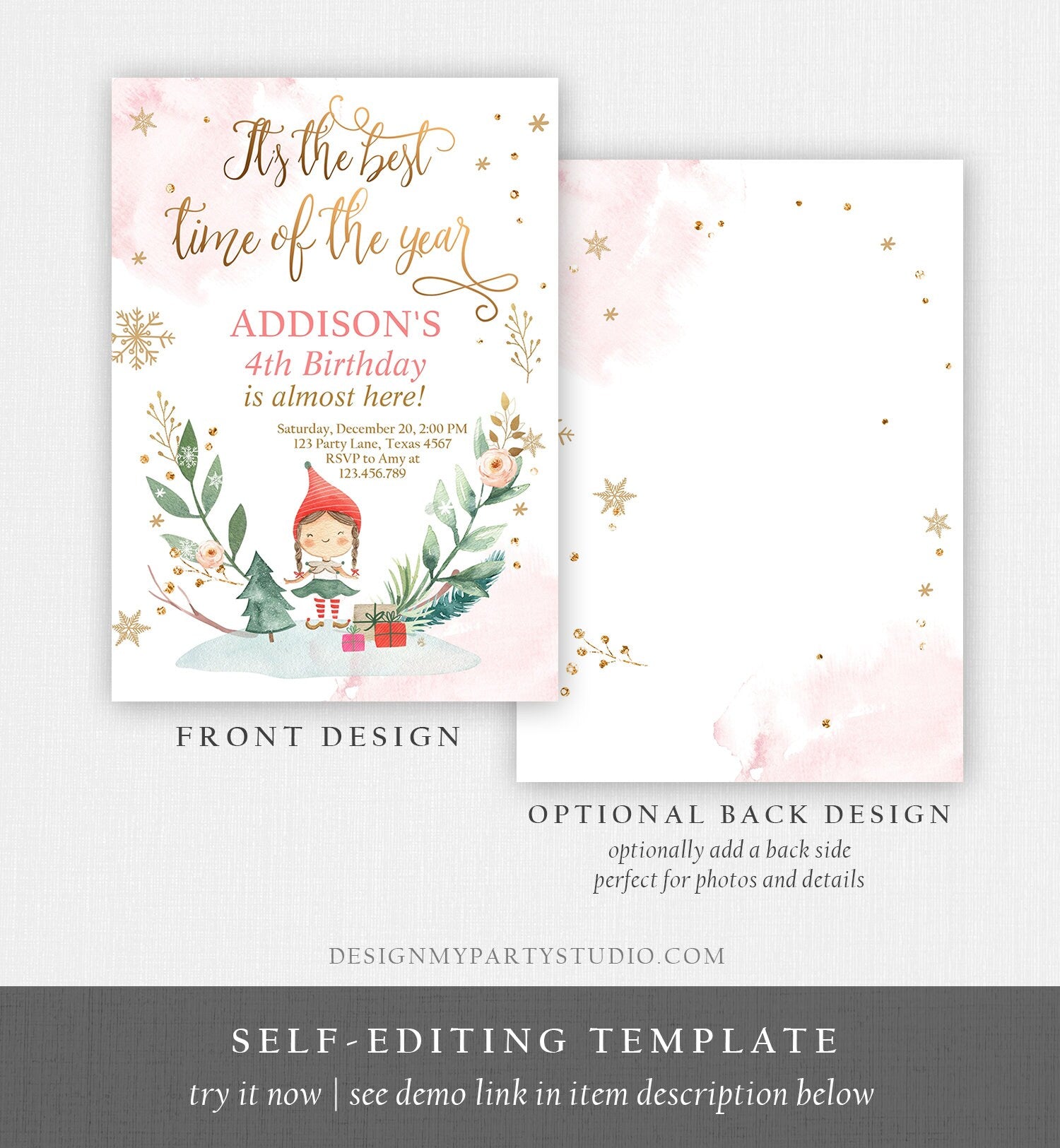 Editable Christmas Birthday Party Invitation Elf Birthday Invite Winter Best Time of The Year Girl Pink Digital Template Printable 0353