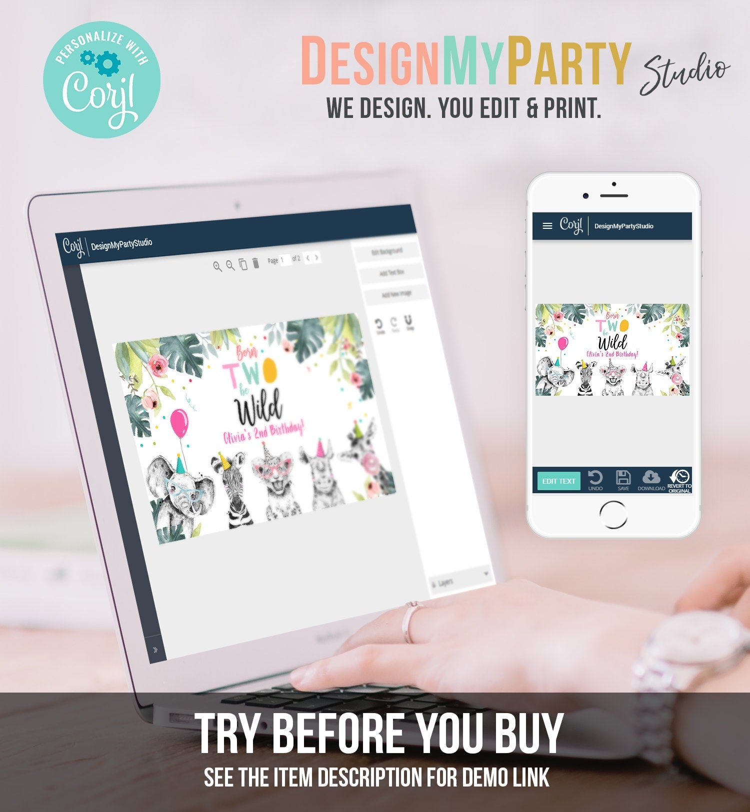 Editable Party Animals Birthday Backdrop Banner Safari Animals Girl Born Two Be Wild Welcome Sign Digital Download Template Printable 0322