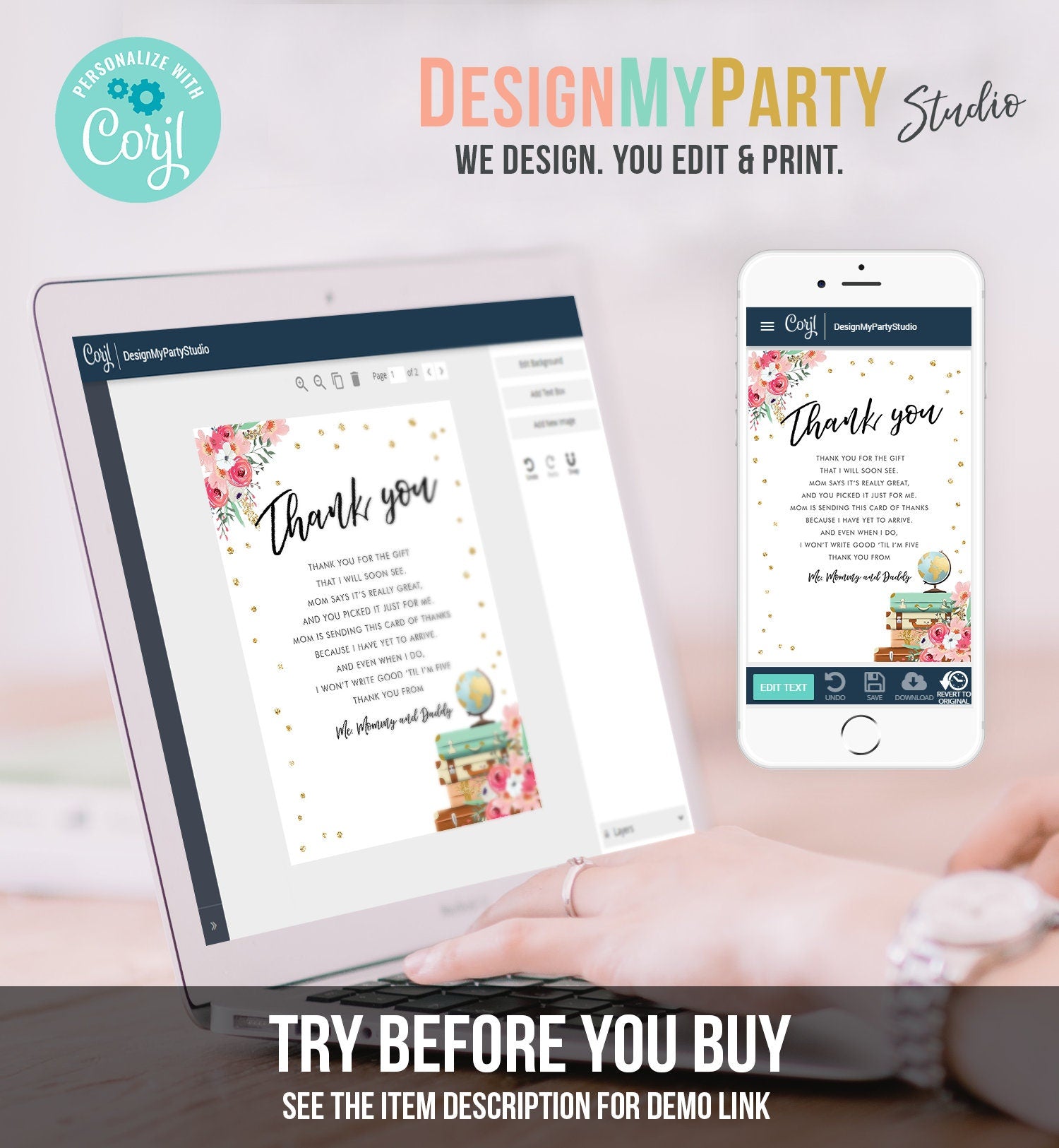 Editable Travel Thank You Card Adventure Traveling Note Bridal Baby Shower Pink Gold Floral Globe Digital Corjl Template Printable 0030