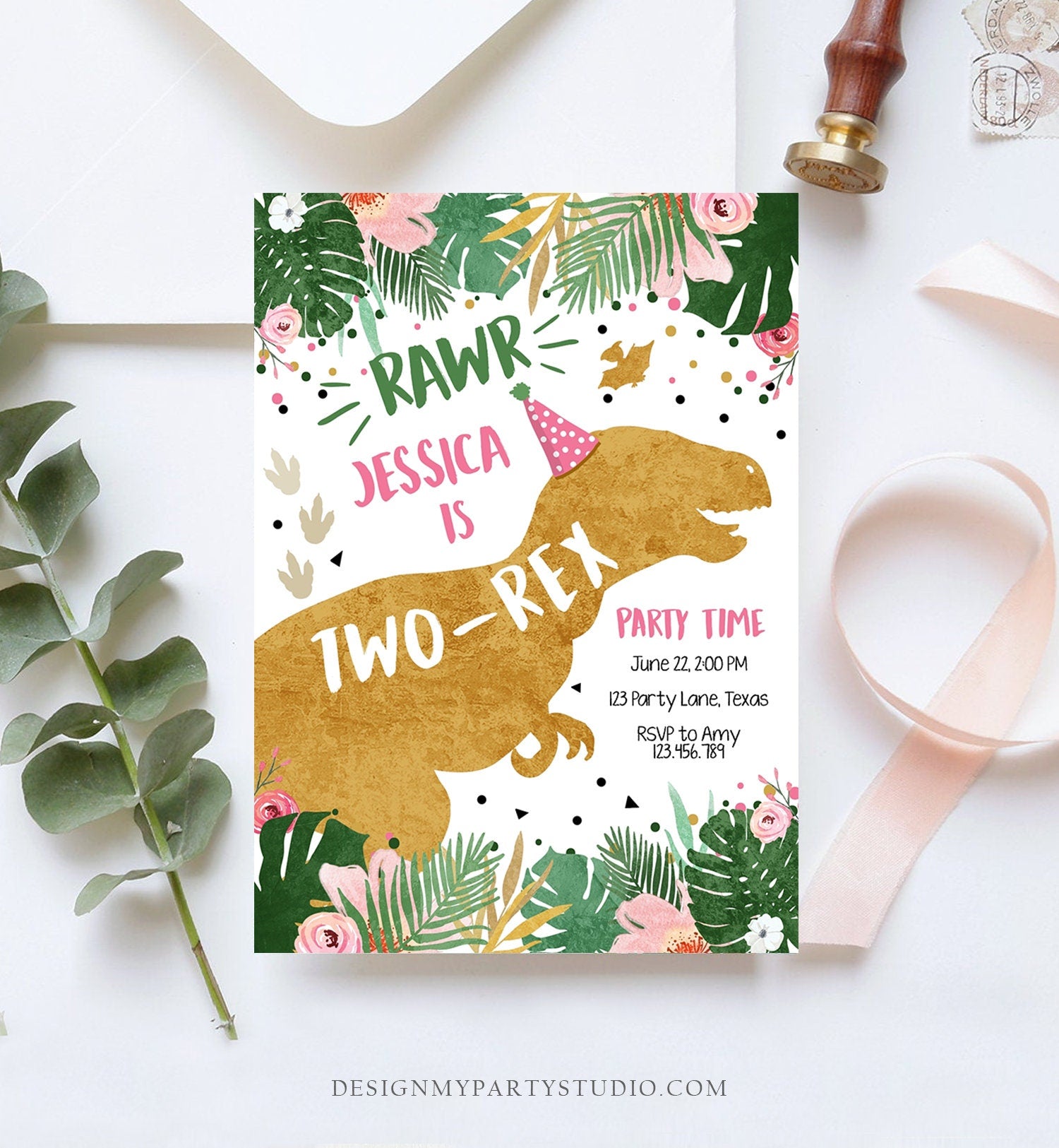 Editable Two-Rex Dinosaur Birthday Invitation Dino TRex Girl Second Birthday 2nd Two Pink Gold Prehistoric Evite Template Printable 0146