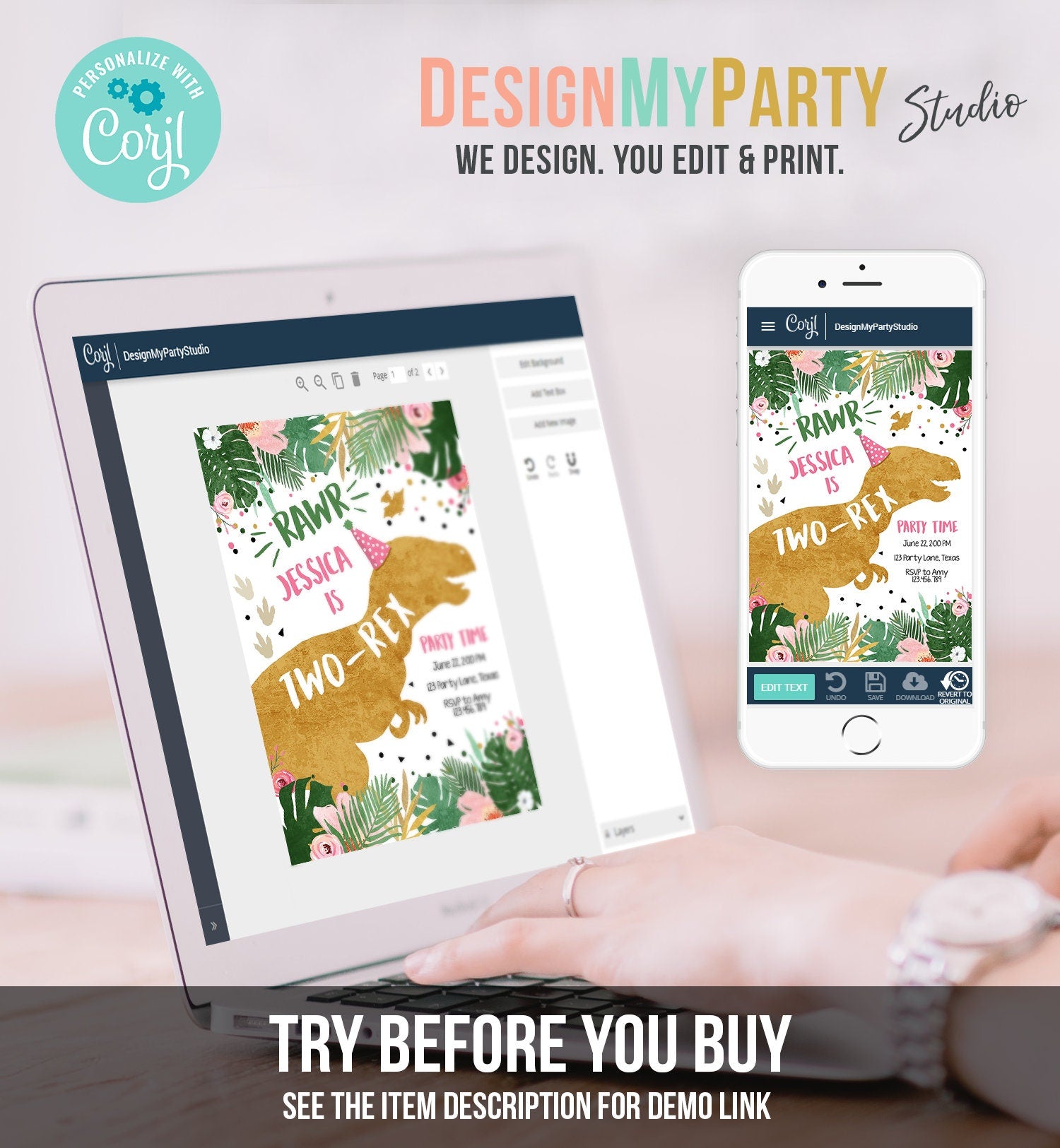 Editable Two-Rex Dinosaur Birthday Invitation Dino TRex Girl Second Birthday 2nd Two Pink Gold Prehistoric Evite Template Printable 0146