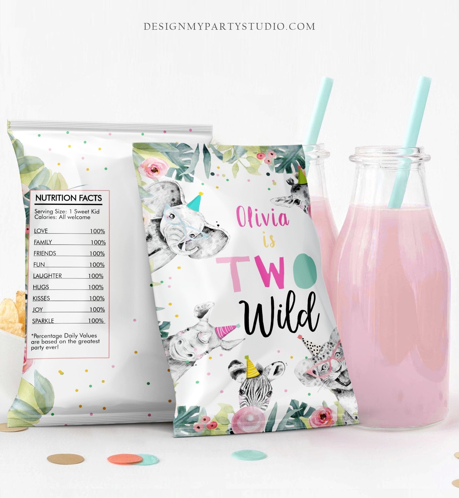 Editable Two Wild Party Animals Birthday Chip Bag 2nd Birthday Decor Girl Zoo Safari Animals Pink Snack Favor Digital Download Template 0322