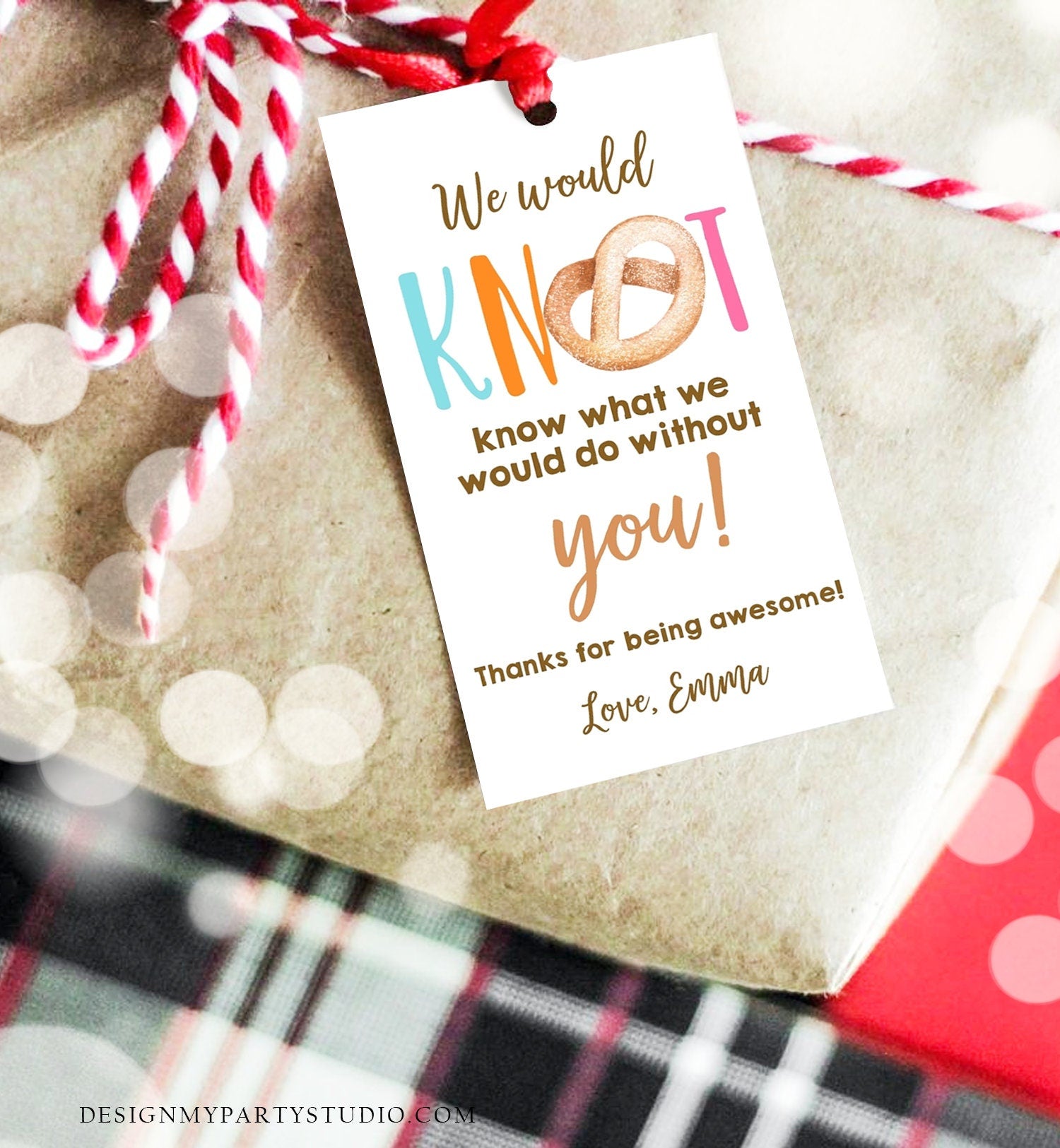 Editable Pretzel Knot Gift Tag Teacher Appreciation Tag Nurse Worker Employee Thank You Tag Christmas Digital Template Printable 0464