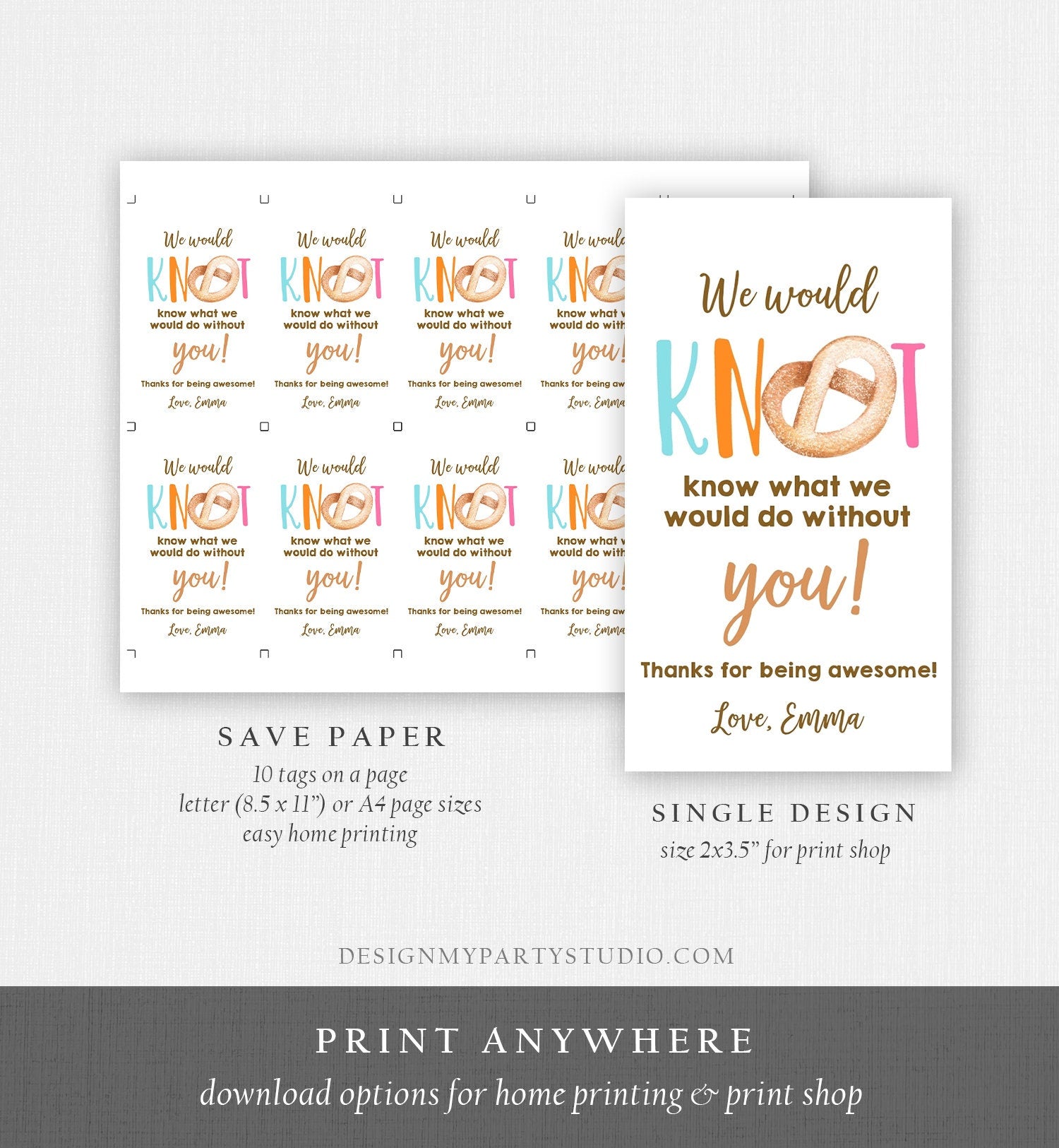 Editable Pretzel Knot Gift Tag Teacher Appreciation Tag Nurse Worker Employee Thank You Tag Christmas Digital Template Printable 0464