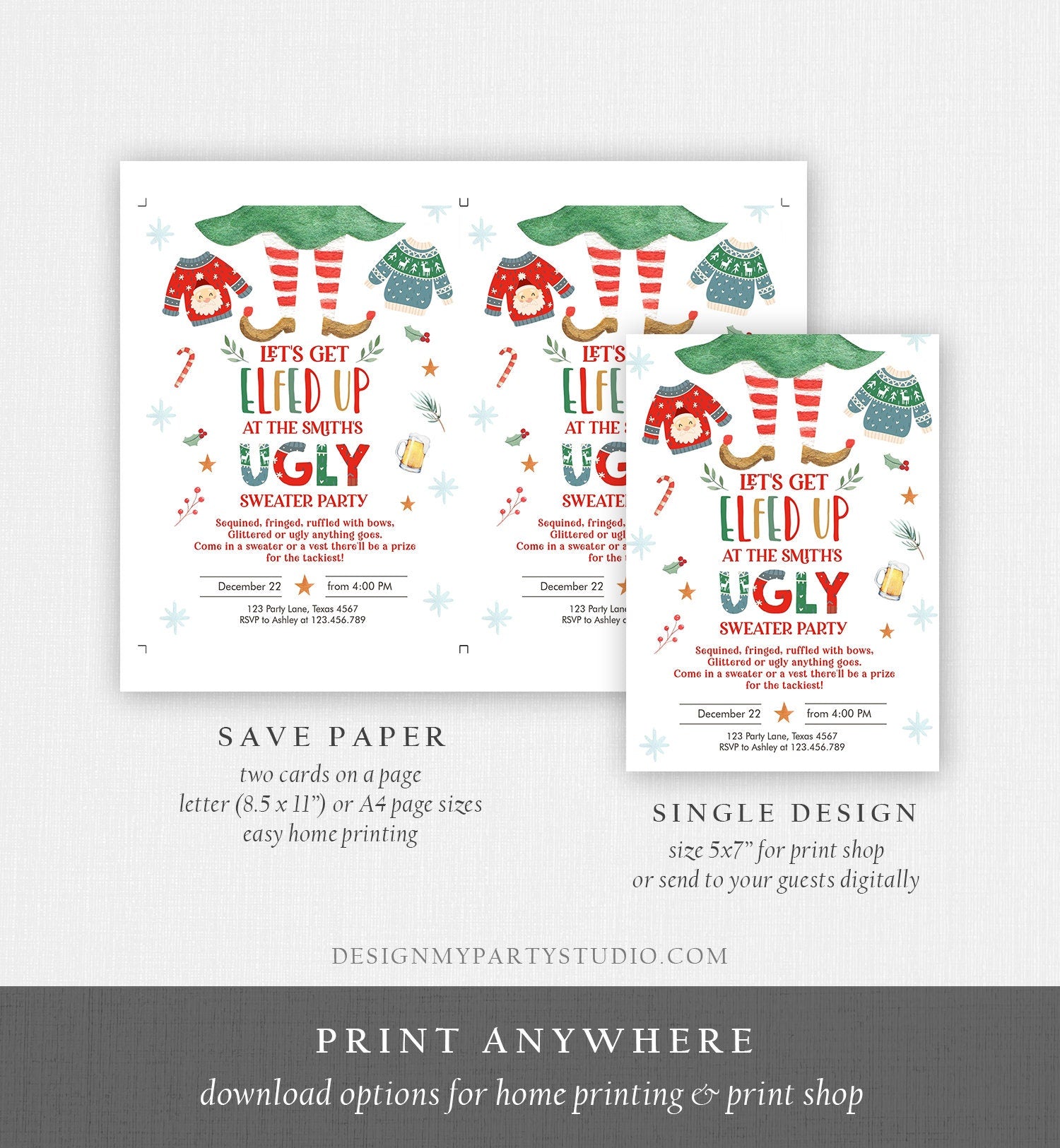Editable Let's Get Elfed Up Christmas Party Invitation Framily Holiday Ugly Sweater Digital Evite Elf Digital Template Printable 0354