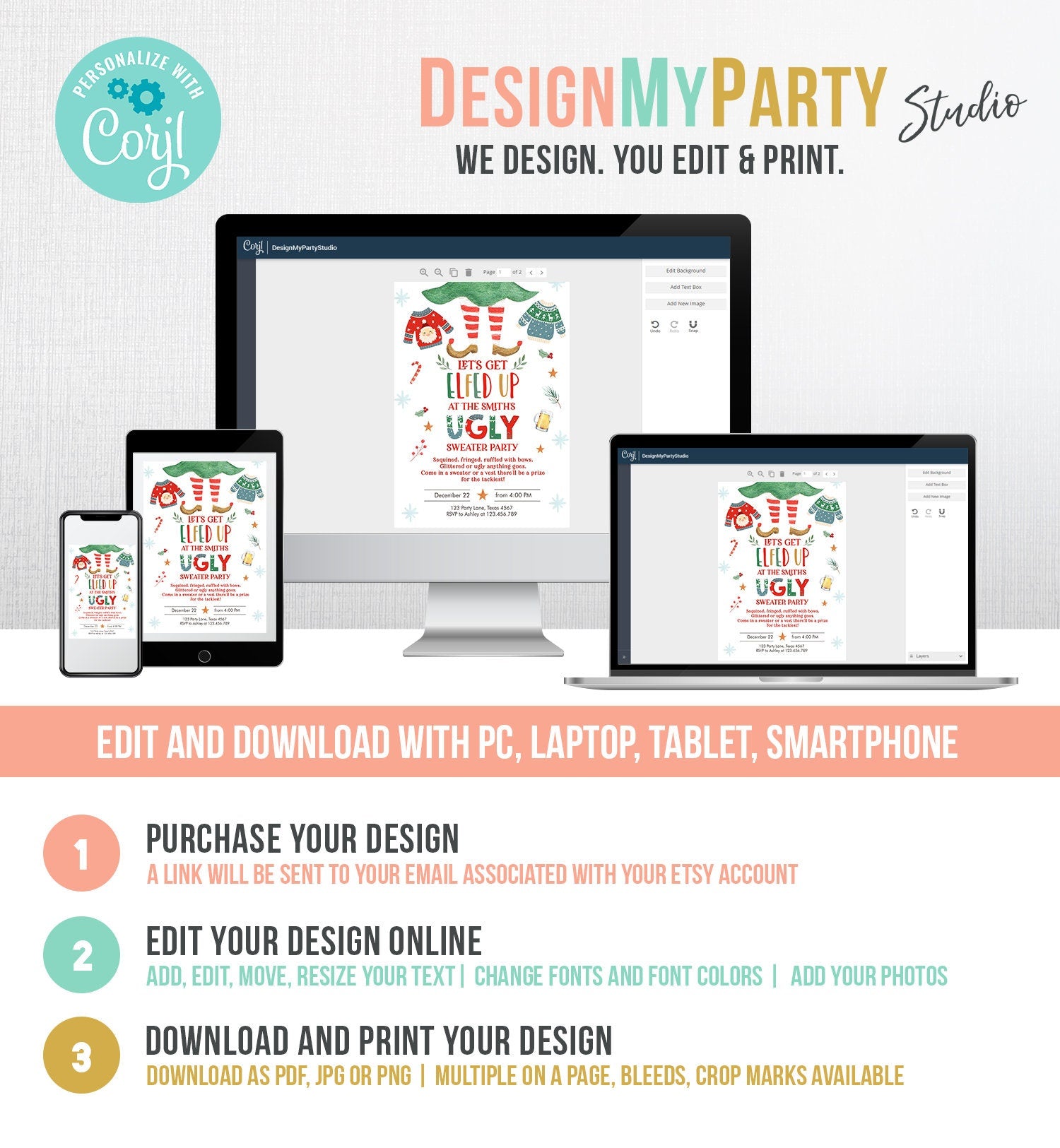 Editable Let's Get Elfed Up Christmas Party Invitation Framily Holiday Ugly Sweater Digital Evite Elf Digital Template Printable 0354