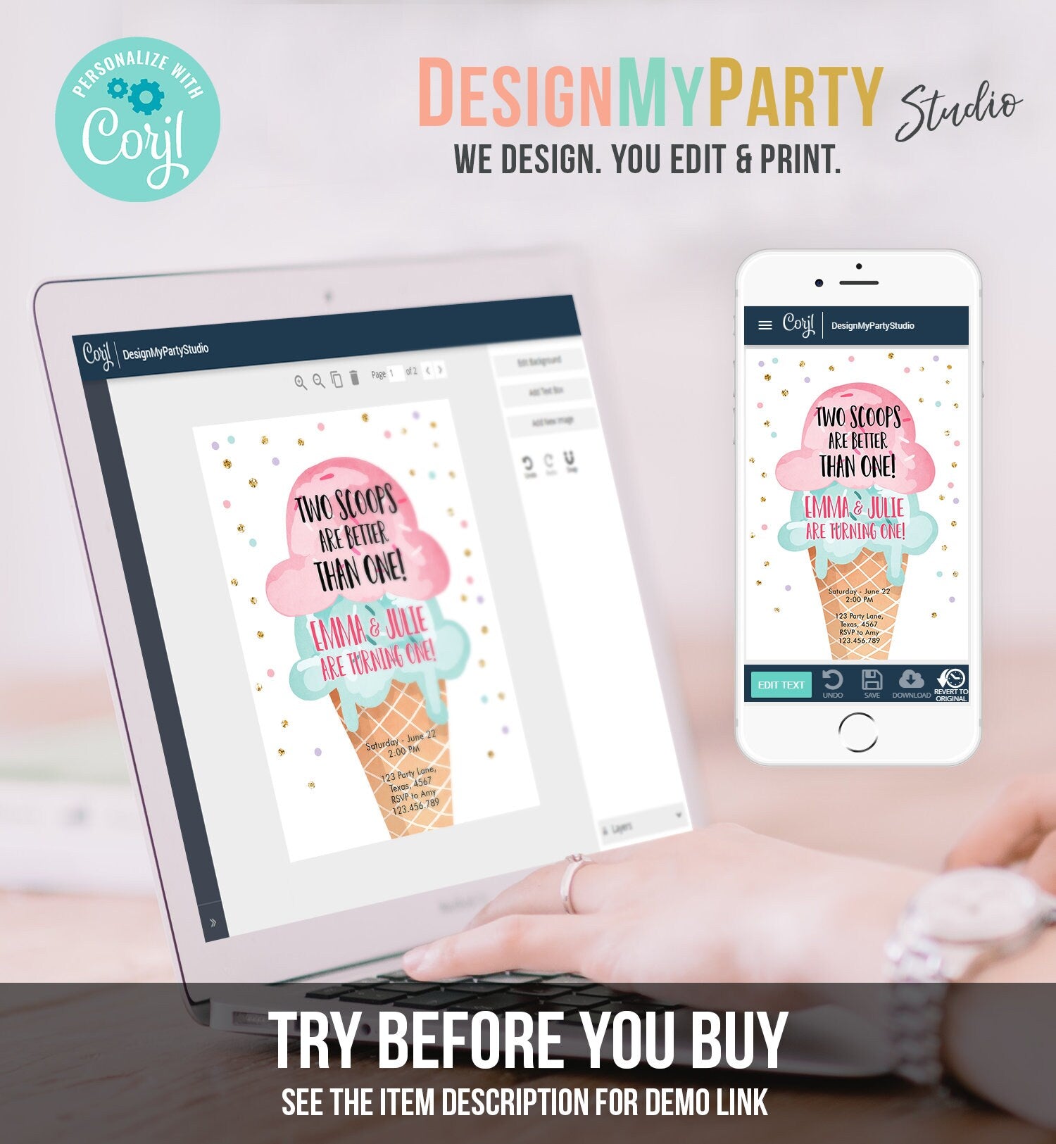 Editable Twin Ice Cream Birthday Invitation First Birthday Two is Better Than One Pink Mint Gold Download Printable Template Corjl 0243