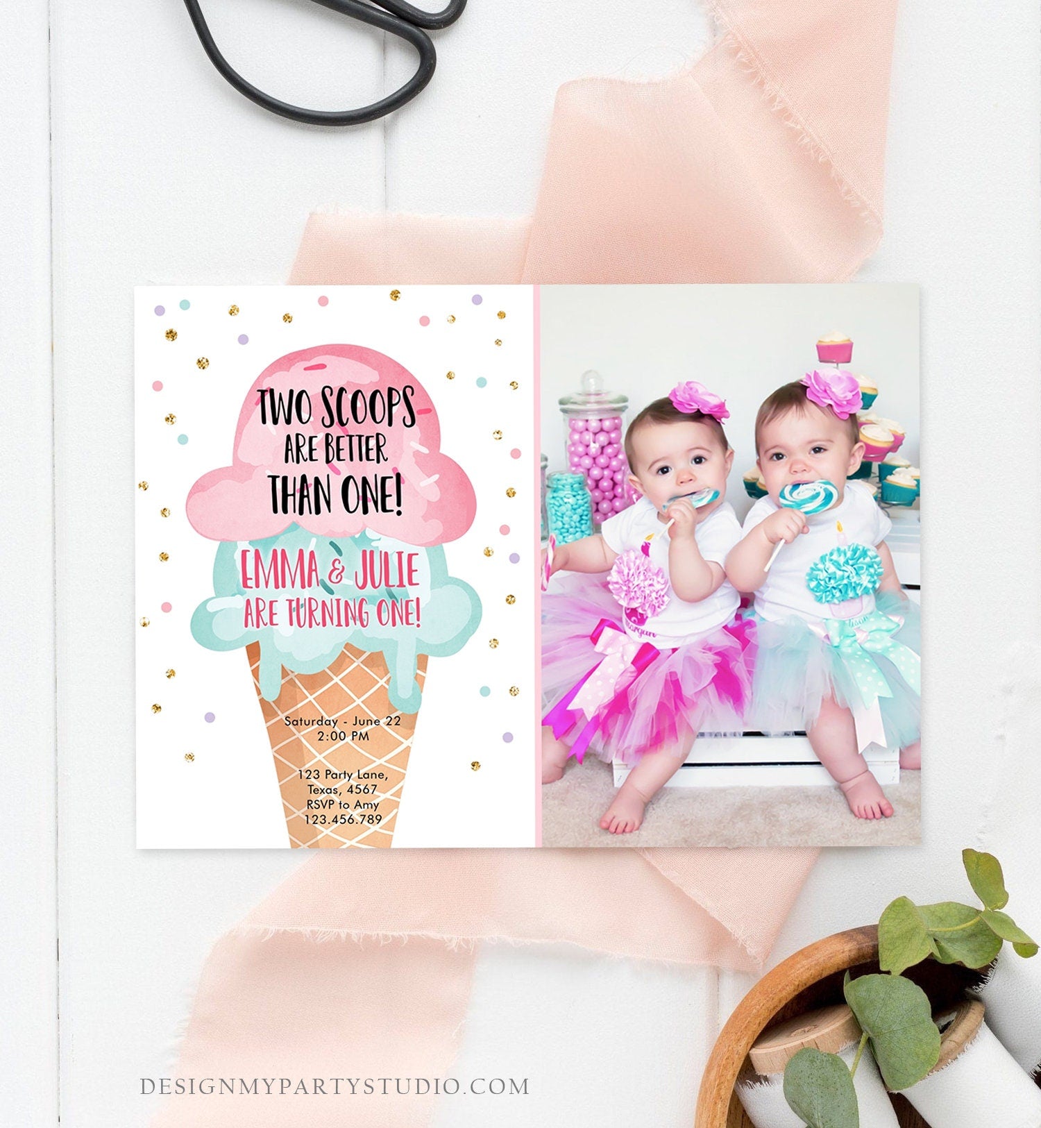 Editable Twin Ice Cream Birthday Invitation First Birthday Two is Better Than One Pink Mint Gold Download Printable Template Corjl 0243